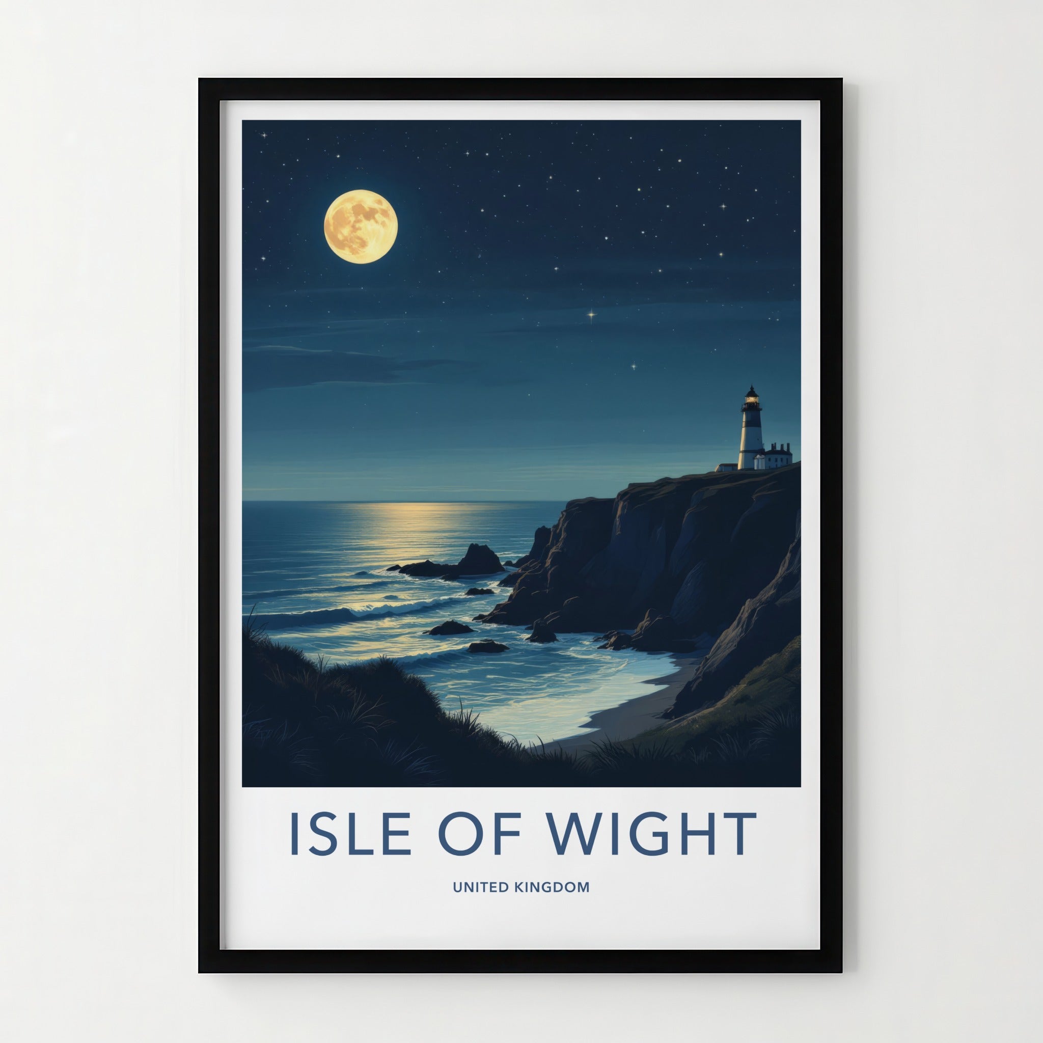 Isle of Wight Poster - United Kingdom Travel Art - Moonlit Lighthouse Cliffs Home Decor