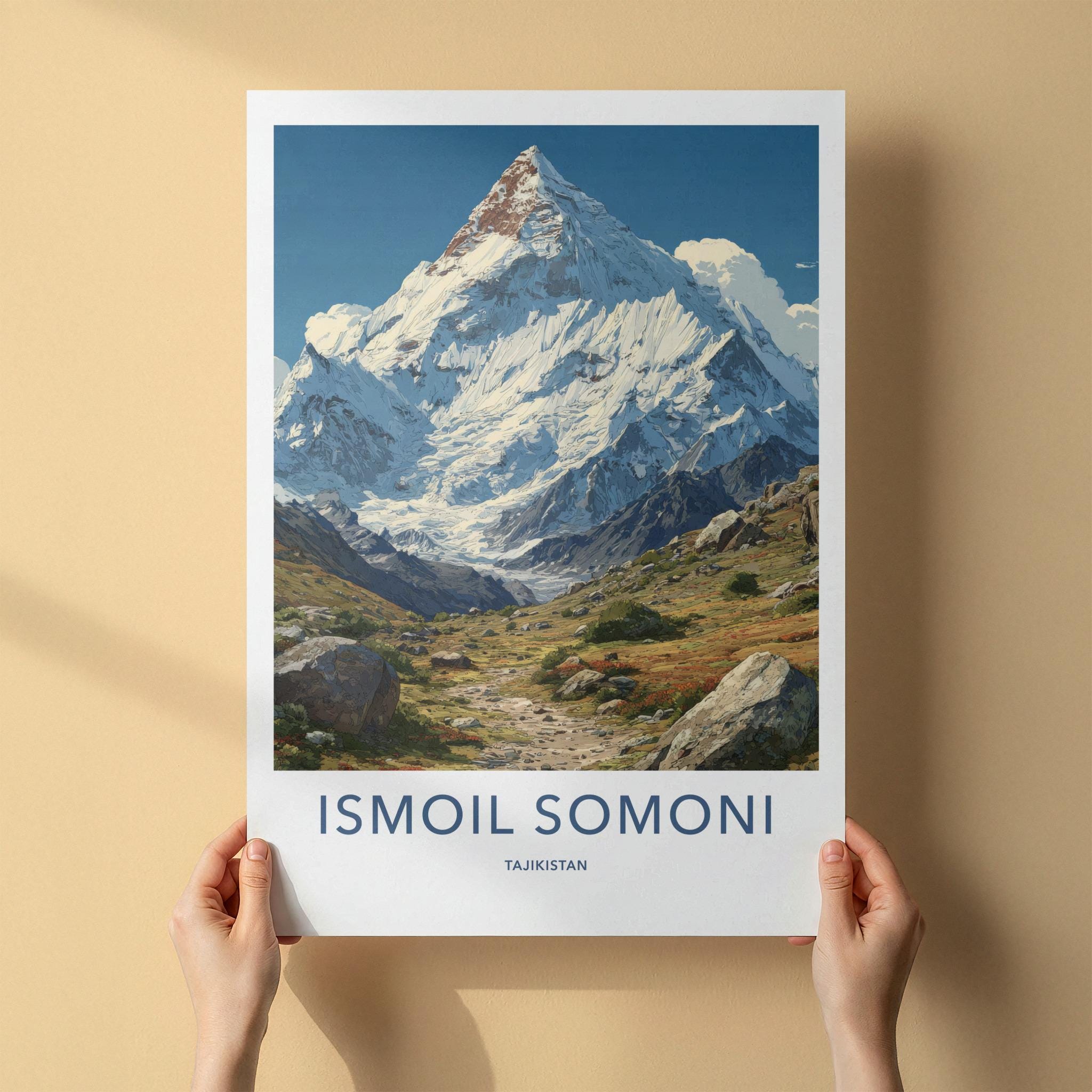 Ismoil Somoni Peak Poster - Tajikistan Travel Art - Rugged Snowy Peak Home Decor