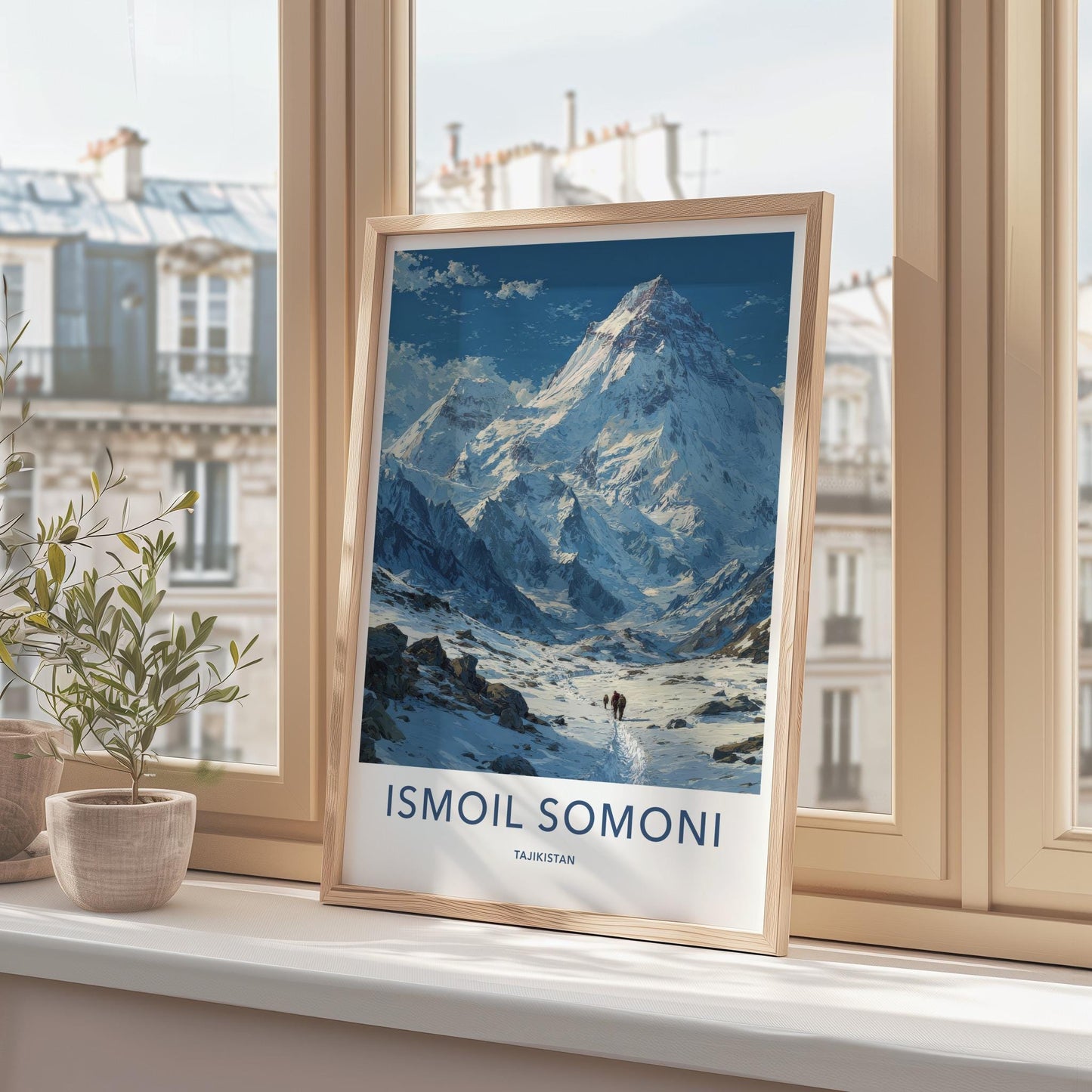 Ismoil Somoni Poster - Tajikistan Travel Art - Hikers Snowy Trail Home Decor
