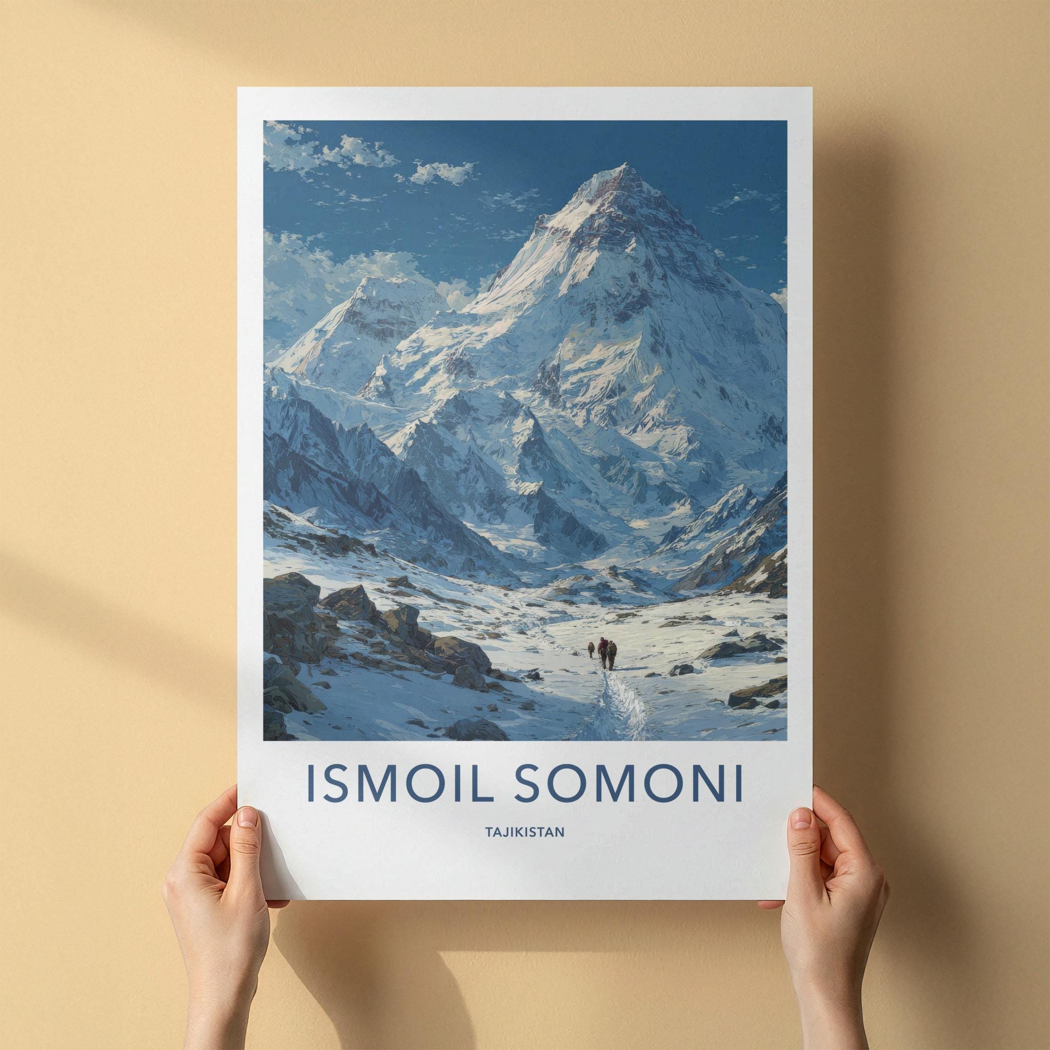Ismoil Somoni Poster - Tajikistan Travel Art - Hikers Snowy Trail Home Decor