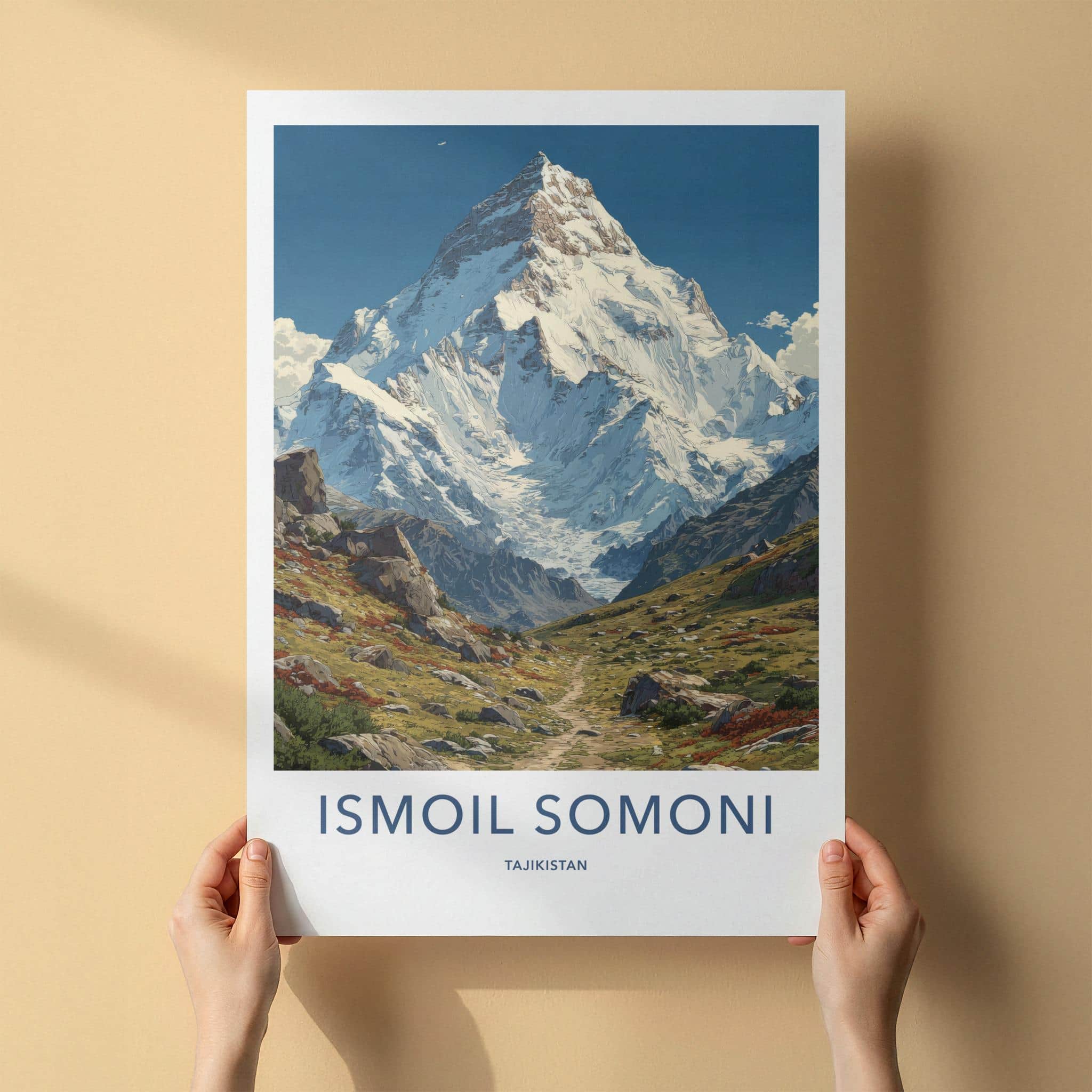 Ismoil Somoni Poster - Tajikistan Travel Art - Snowy Mountain Valley Home Decor