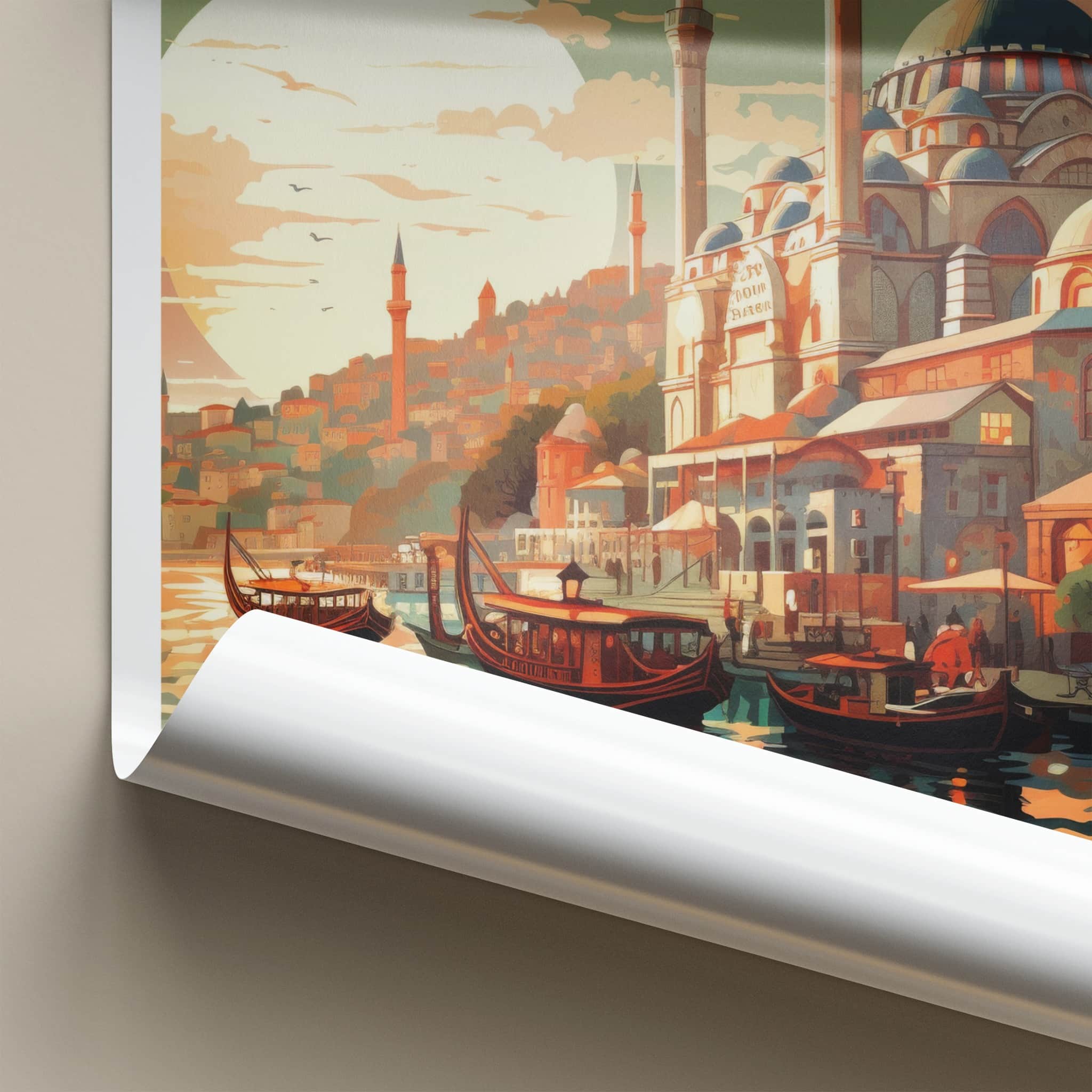 Istanbul Poster - Turkiye Travel Art - Boats Mosque Sunset Home Decor