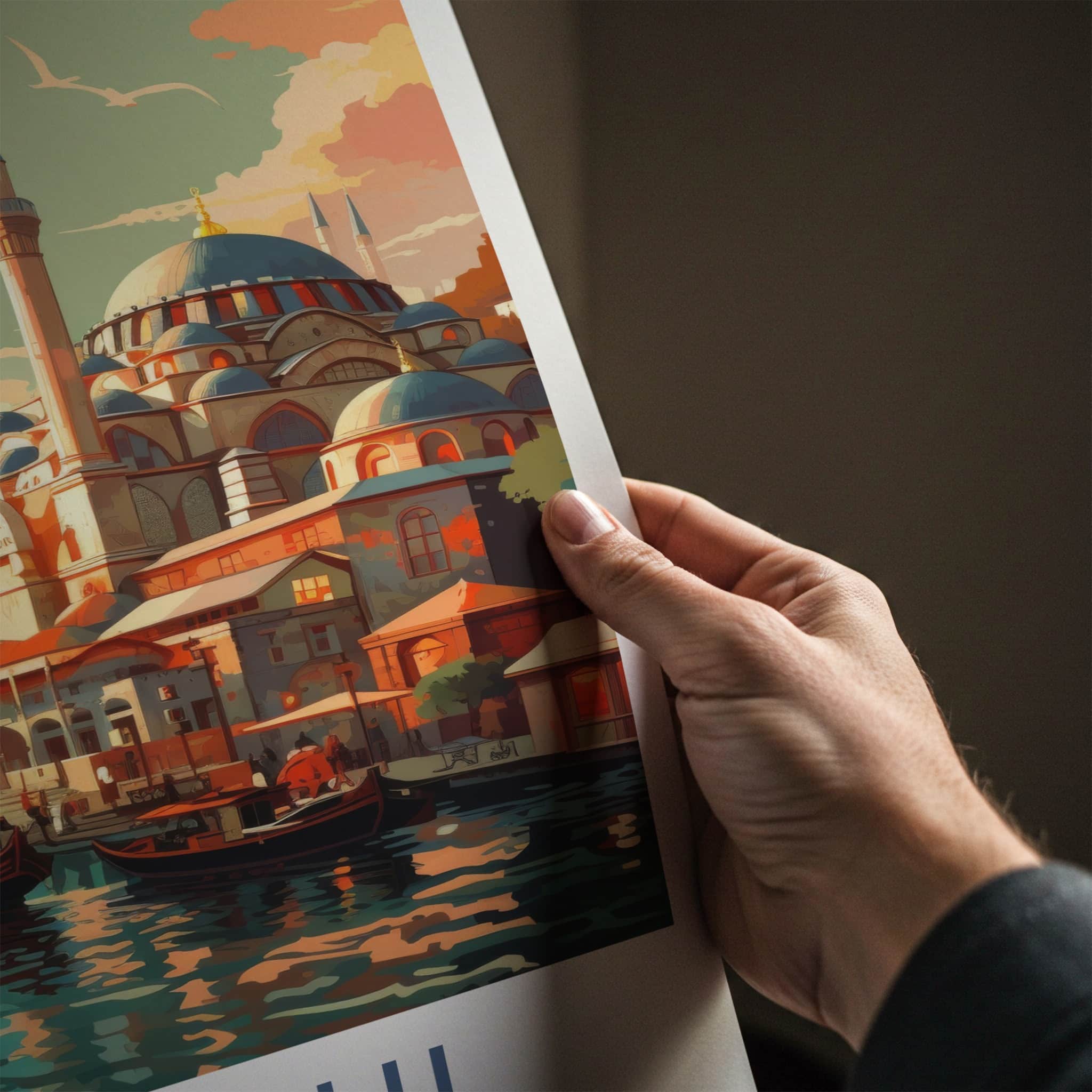 Istanbul Poster - Turkiye Travel Art - Boats Mosque Sunset Home Decor