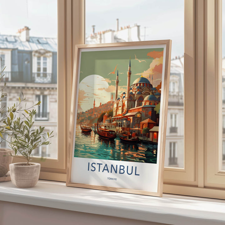 Istanbul Poster - Turkiye Travel Art - Boats Mosque Sunset Home Decor