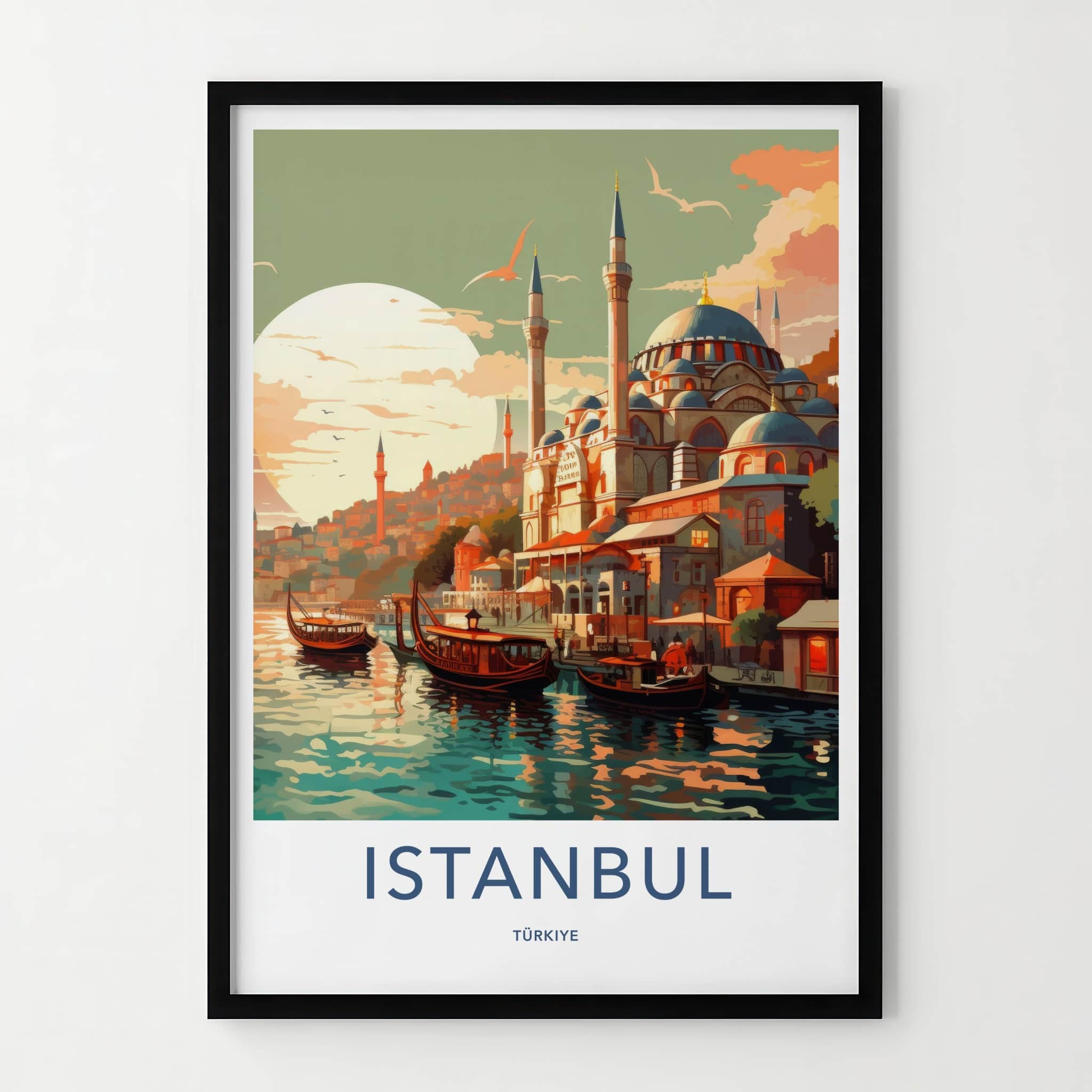 Istanbul Poster - Turkiye Travel Art - Boats Mosque Sunset Home Decor