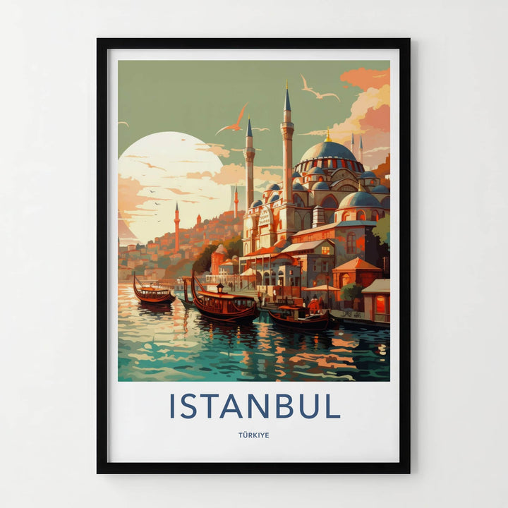 Istanbul Poster - Turkiye Travel Art - Boats Mosque Sunset Home Decor