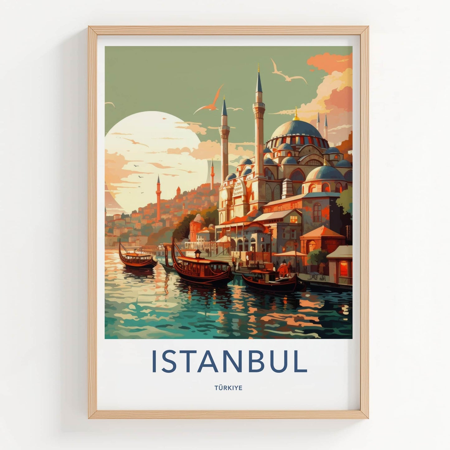 Istanbul Poster - Turkiye Travel Art - Boats Mosque Sunset Home Decor