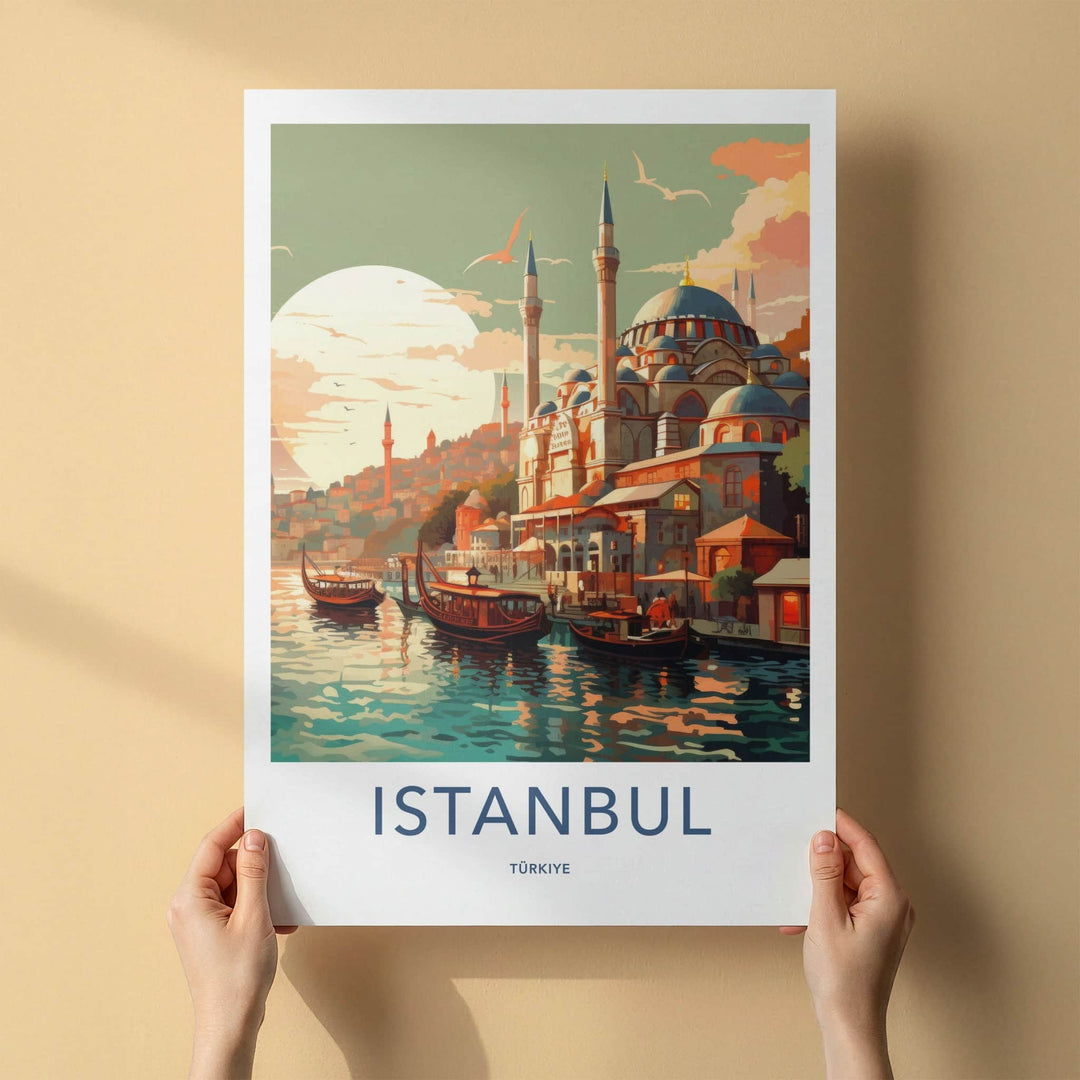 Istanbul Poster - Turkiye Travel Art - Boats Mosque Sunset Home Decor