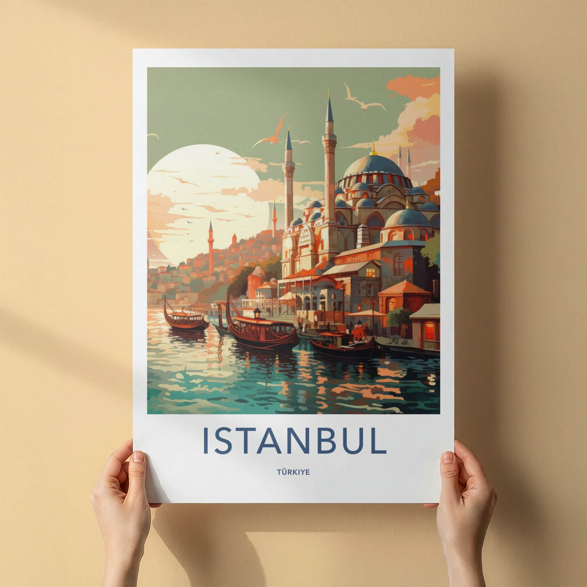 Istanbul Poster - Turkiye Travel Art - Boats Mosque Sunset Home Decor