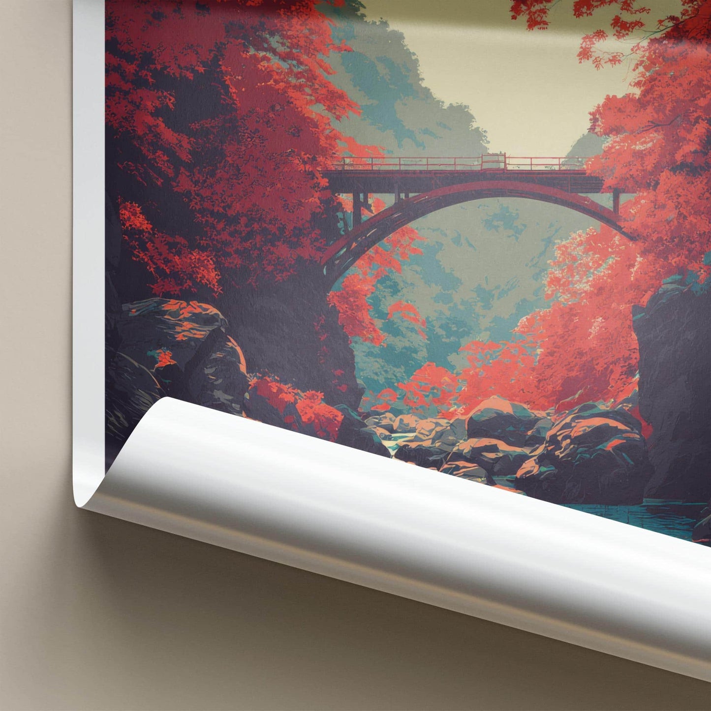 Iya Valley Poster - Japan Travel Art - Red Autumn Gorge Home Decor
