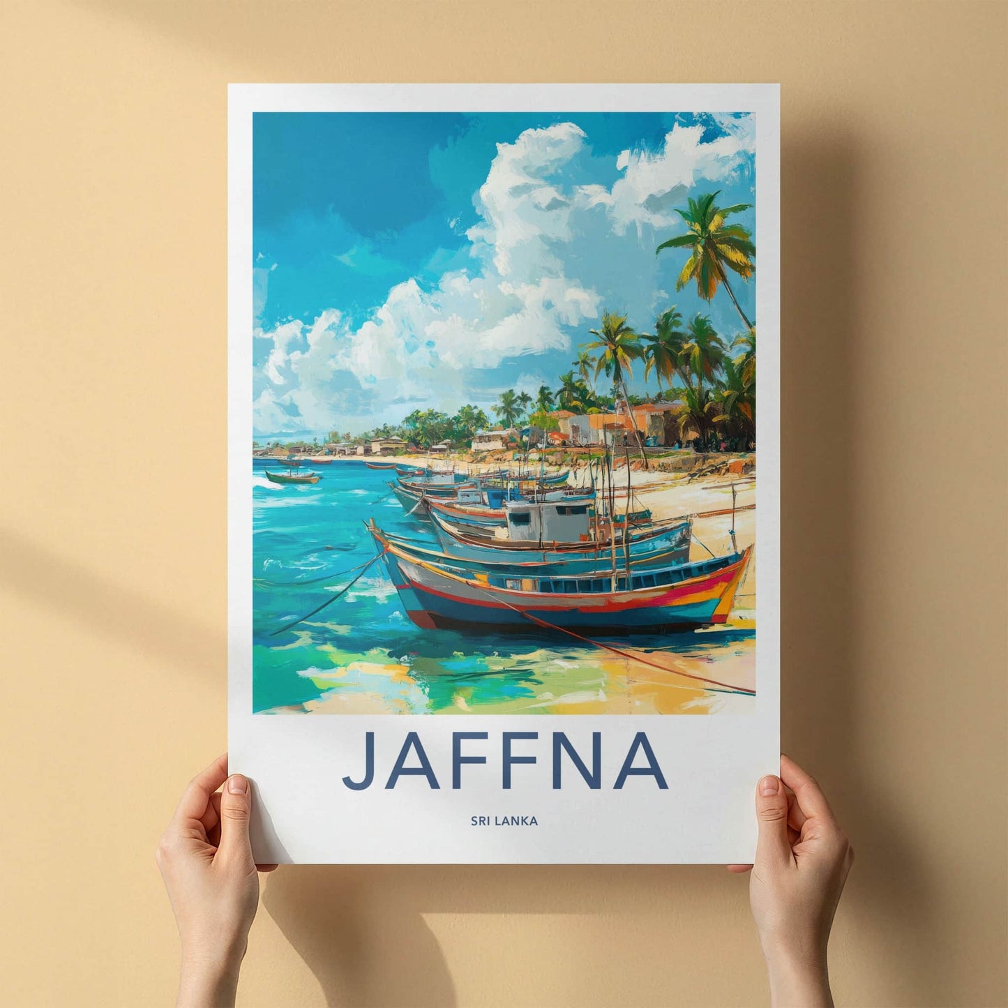 Jaffna Poster - Sri Lanka Travel Art - Boats Palm Shore Home Decor