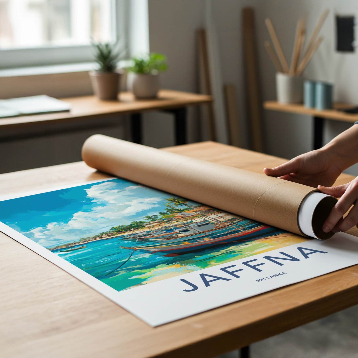 Jaffna Poster - Sri Lanka Travel Art - Boats Palm Shore Home Decor