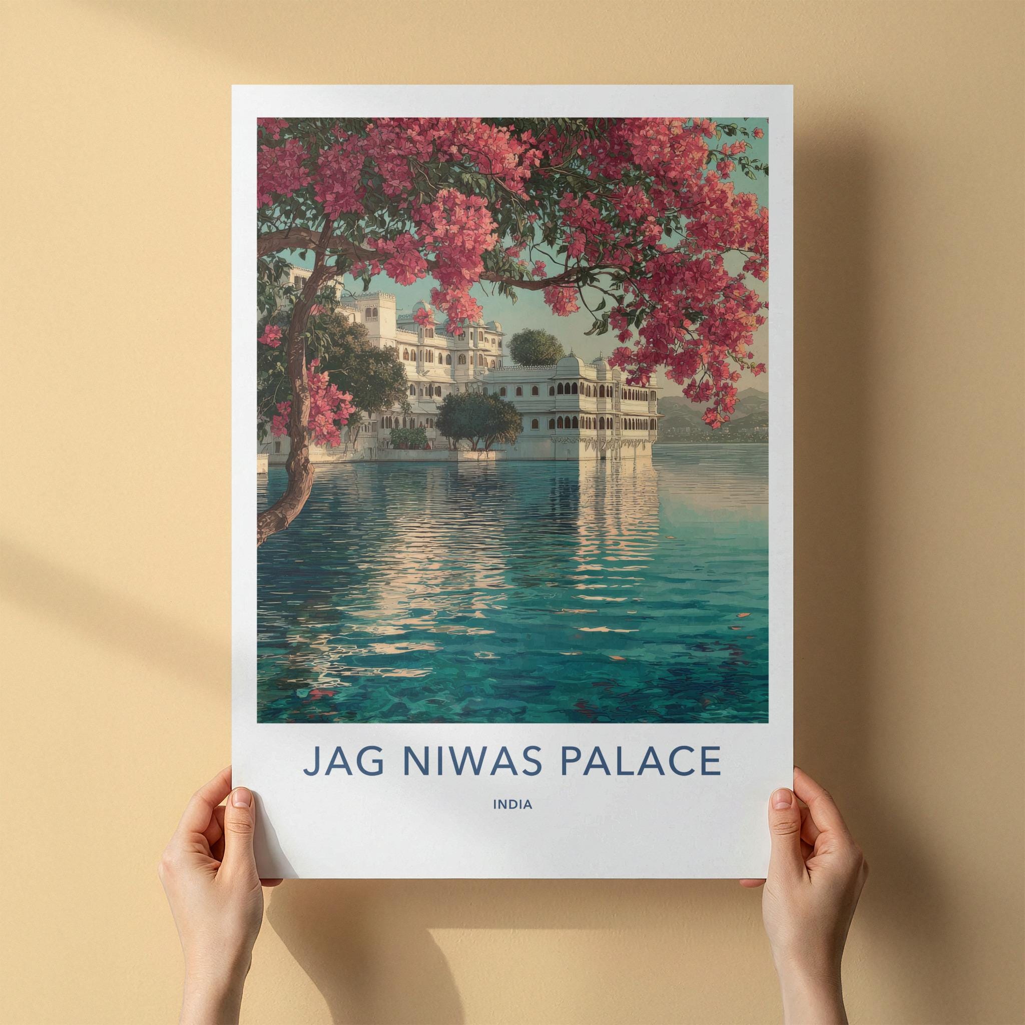 Jag Niwas Palace Poster - India Travel Art - Rajasthan Lake Palace Flowers Decor
