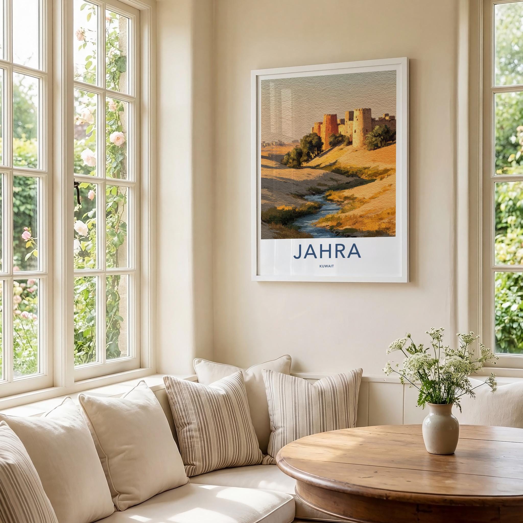 Jahra Poster - Kuwait Travel Art - Desert Stream Towers Wall Decor