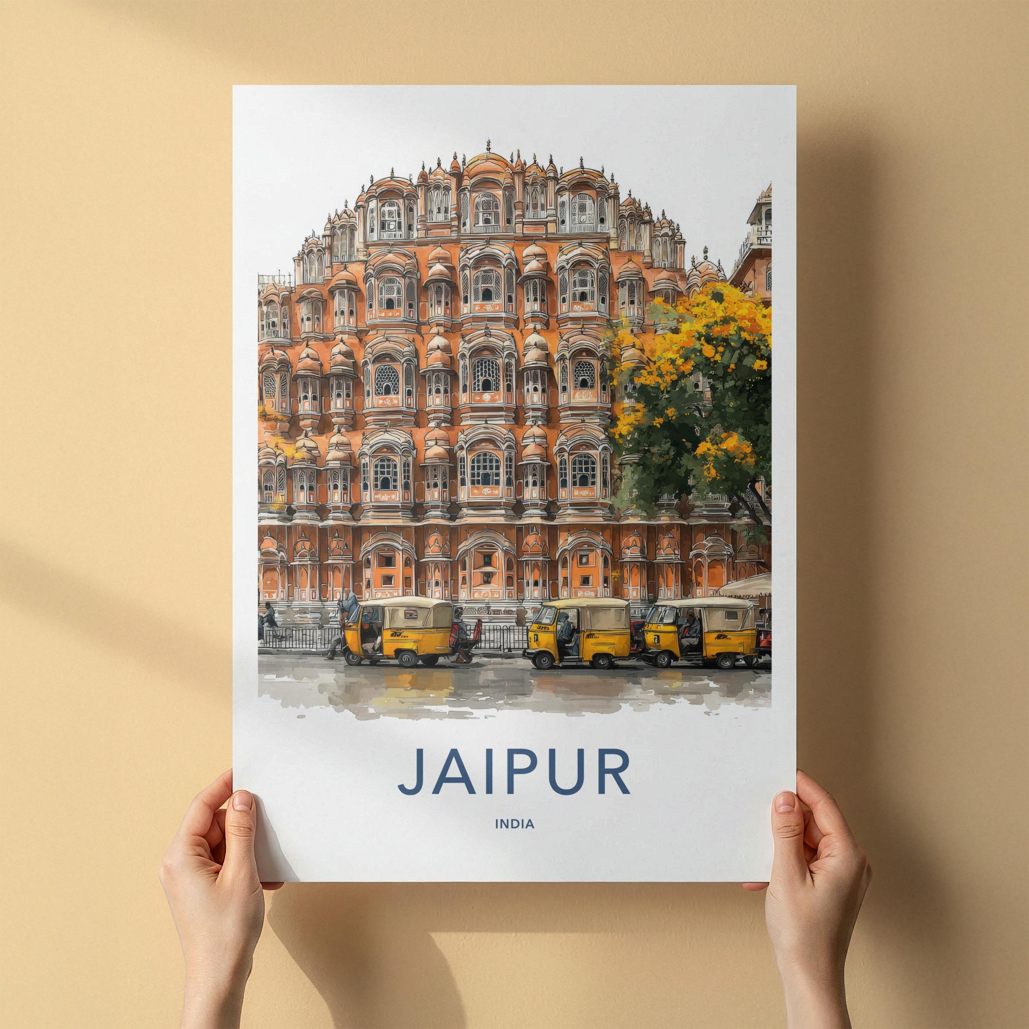 Jaipur Poster - India Travel Art - Rajasthan Hawa Mahal Rickshaws Home Decor