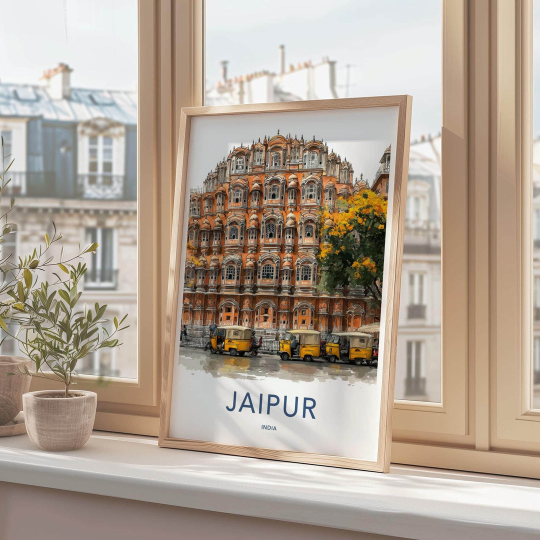 Jaipur Poster - India Travel Art - Rajasthan Hawa Mahal Rickshaws Home Decor