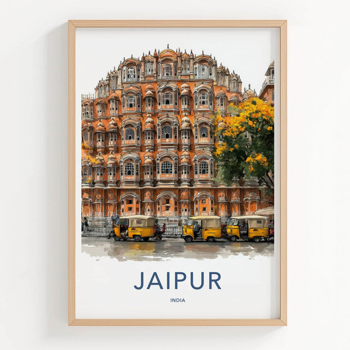 Jaipur Poster - India Travel Art - Rajasthan Hawa Mahal Rickshaws Home Decor