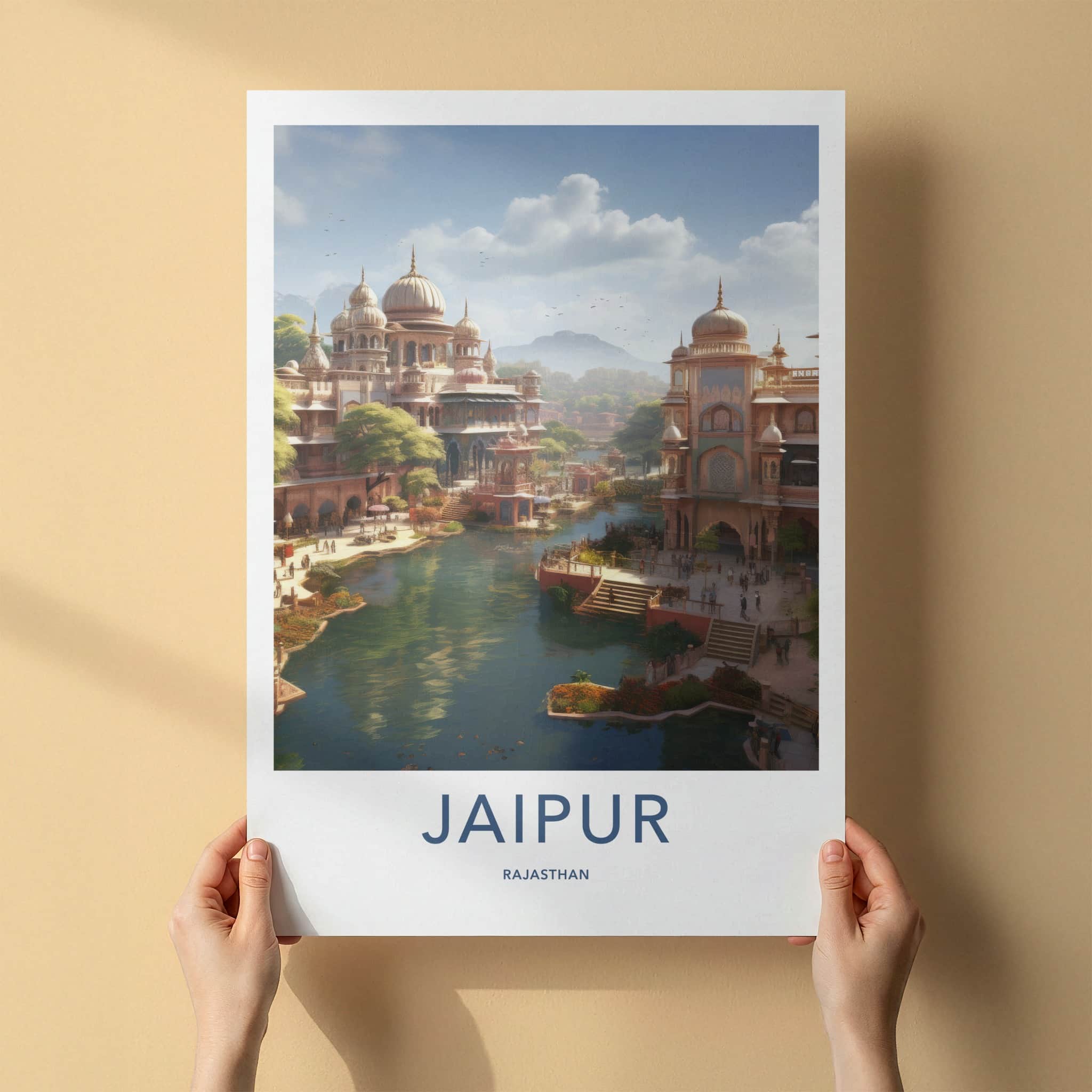 Jaipur Poster - India Travel Art - Rajasthan River Cityscape Palaces Home Decor