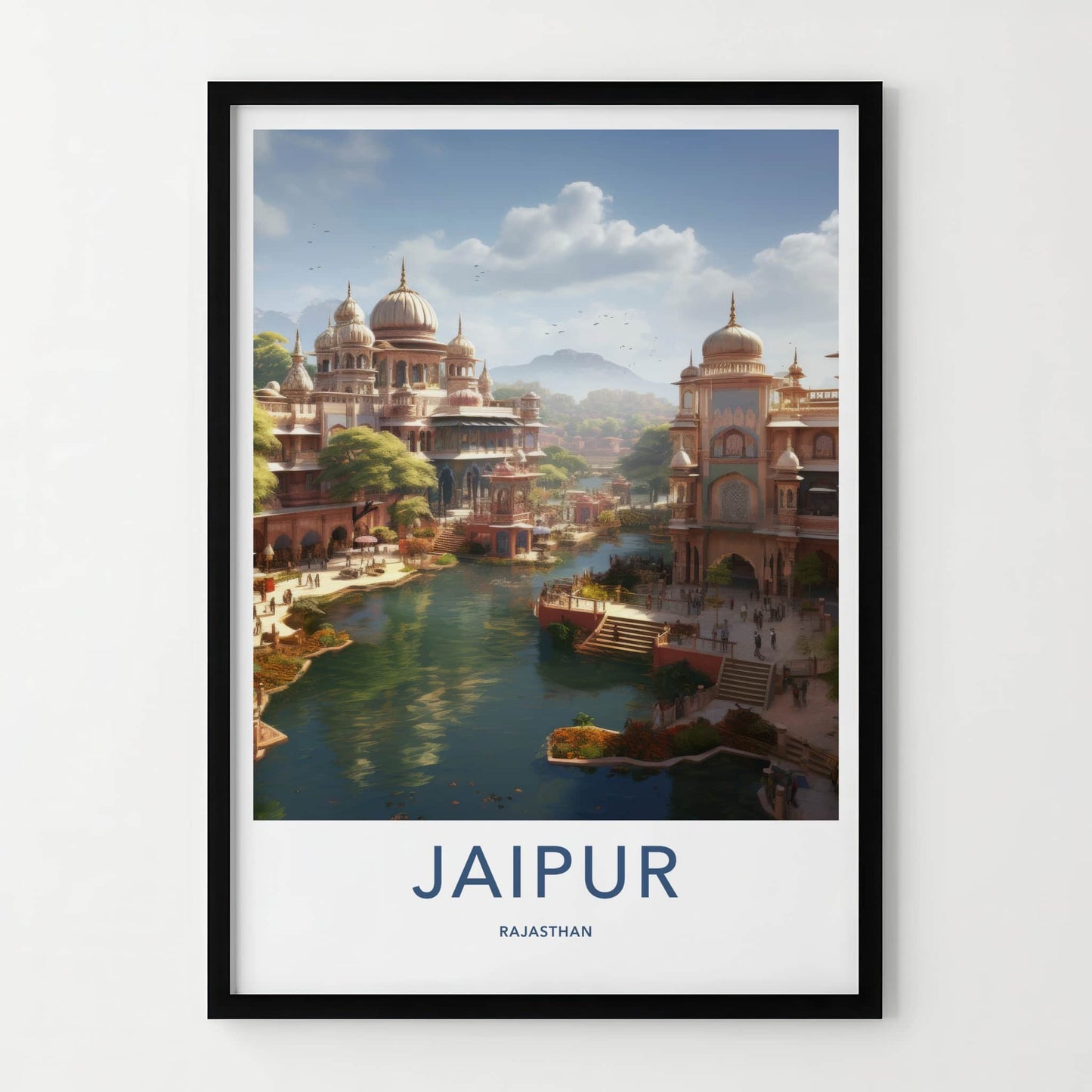 Jaipur Poster - India Travel Art - Rajasthan River Cityscape Palaces Home Decor