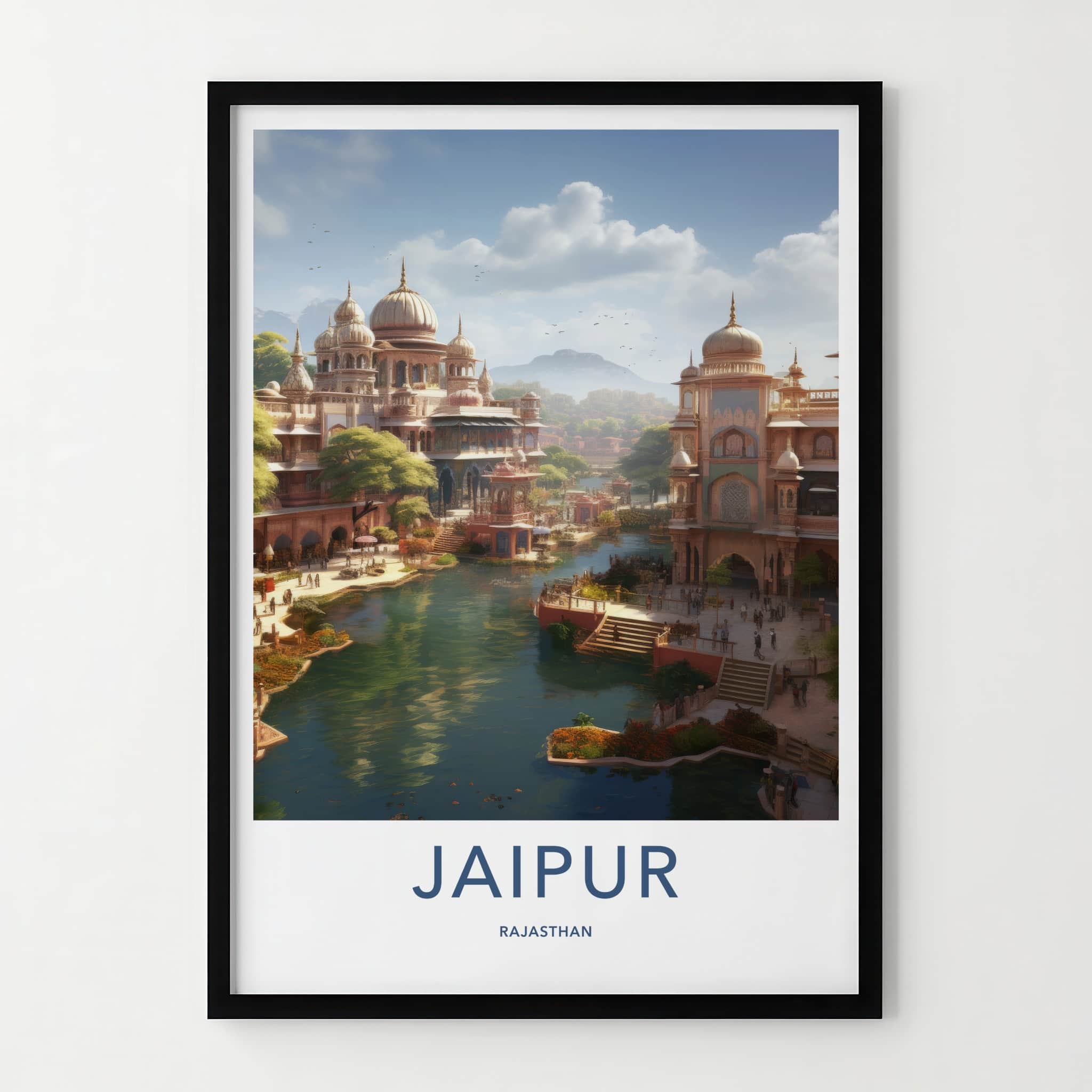 Jaipur Poster - India Travel Art - Rajasthan River Cityscape Palaces Home Decor