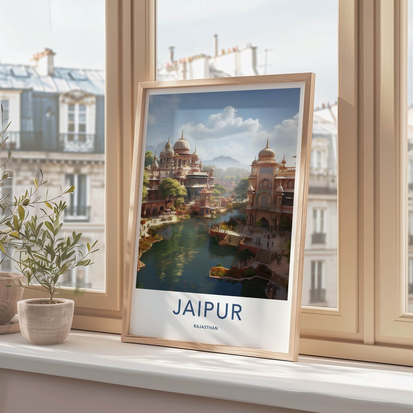 Jaipur Poster - India Travel Art - Rajasthan River Cityscape Palaces Home Decor