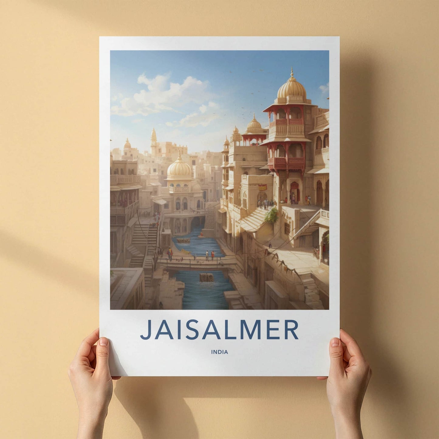 Jaisalmer Poster - India Travel Art - Rajasthan Desert City Waterway Wall Decor