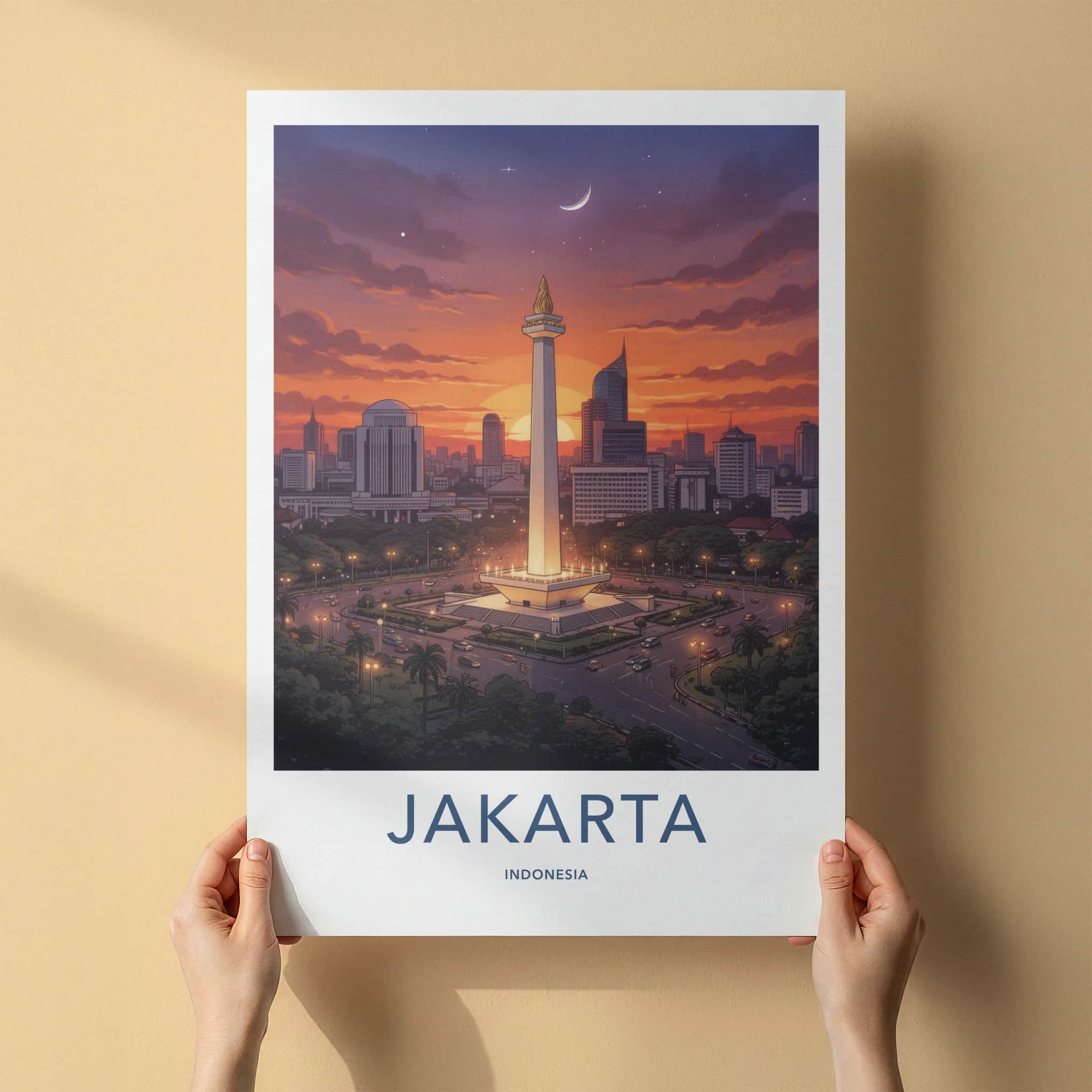 Jakarta Poster - Indonesia Travel Art - Monas Tower Sunset Home Decor