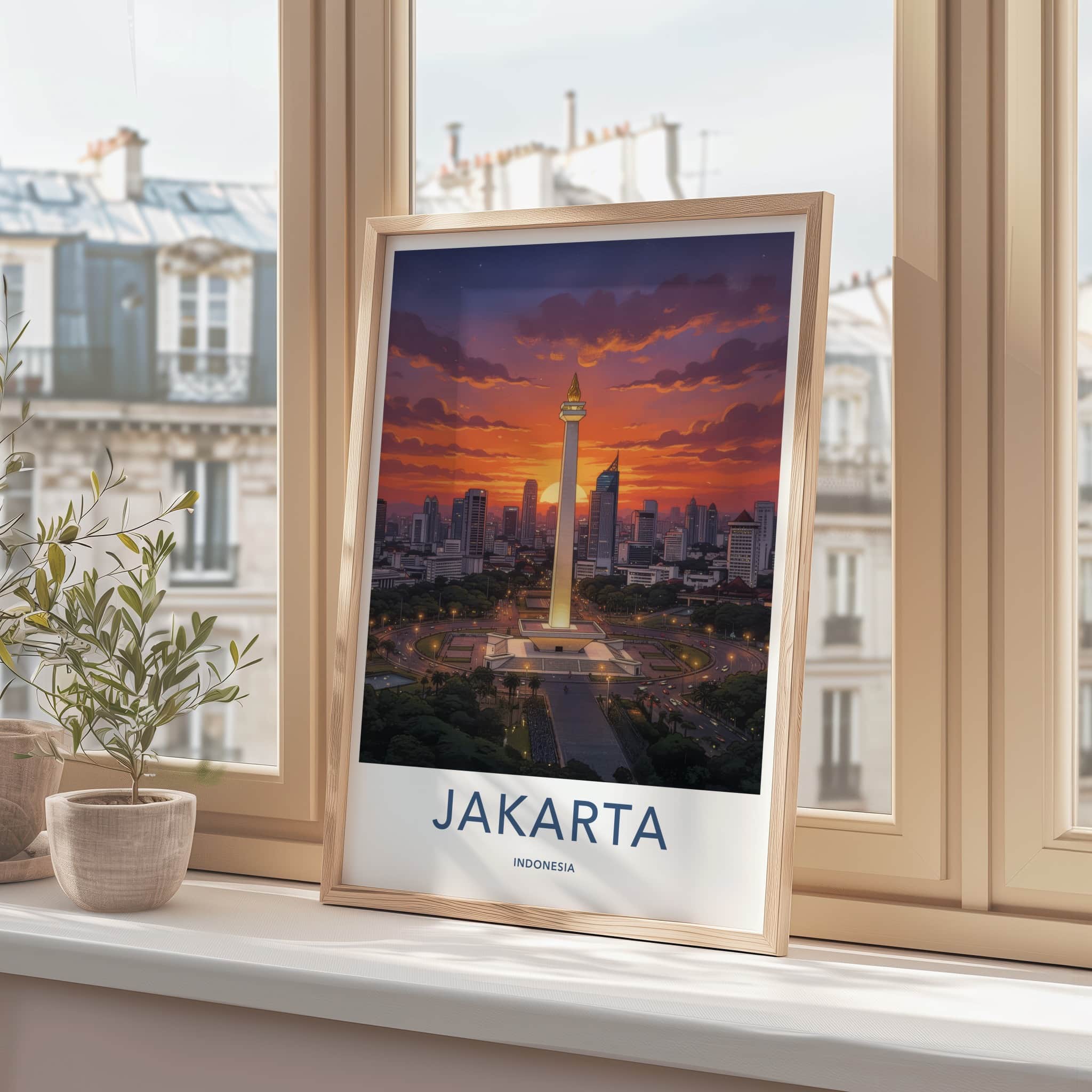 Jakarta Poster - Indonesia Travel Art - Monument City Sunset Home Decor