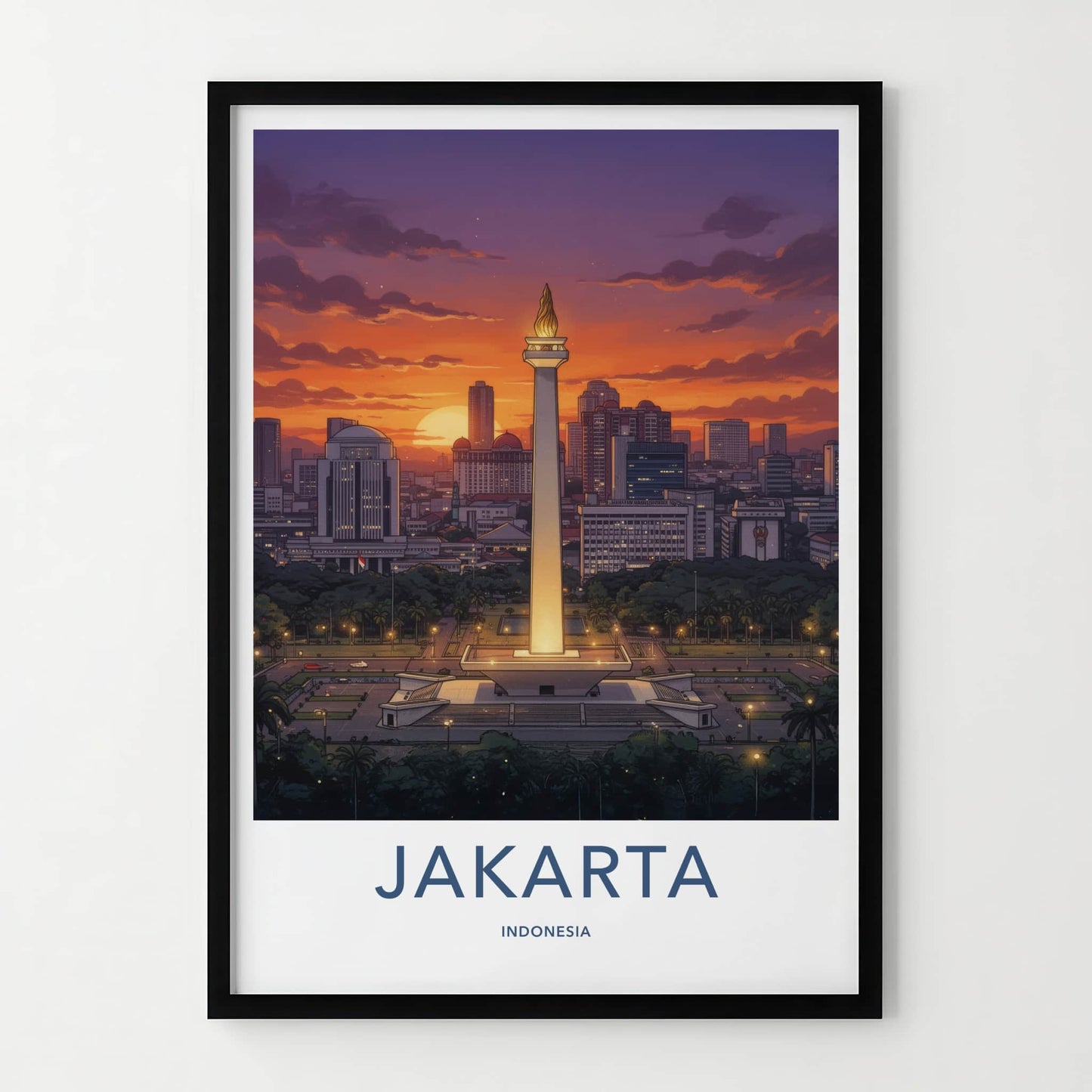 Jakarta Poster - Indonesia Travel Art - Monument Sunset City Home Decor
