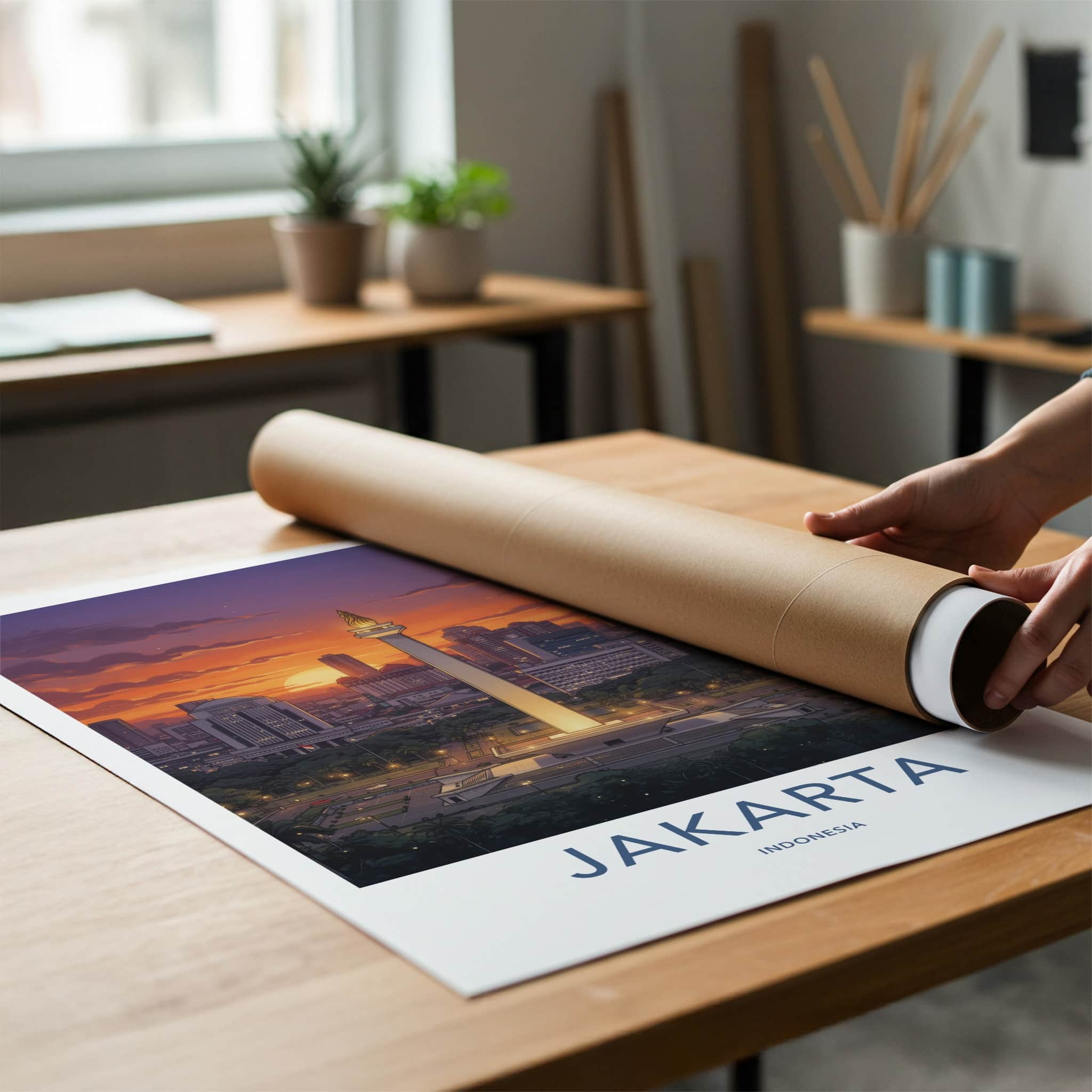 Jakarta Poster - Indonesia Travel Art - Monument Sunset City Home Decor