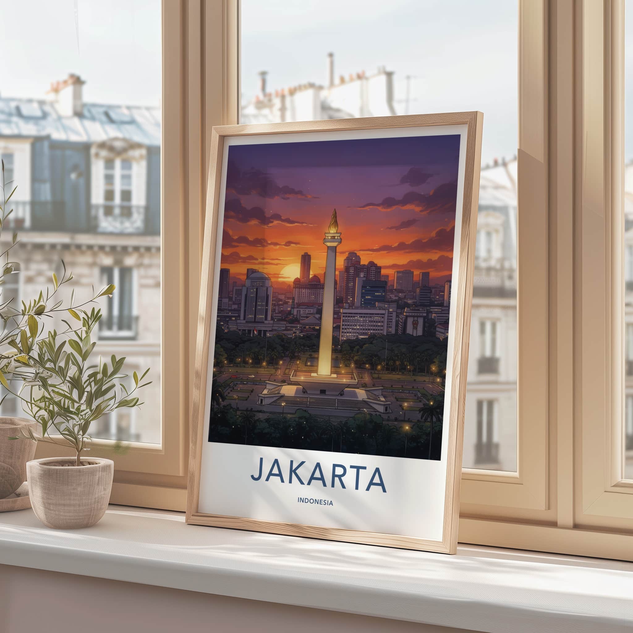 Jakarta Poster - Indonesia Travel Art - Monument Sunset City Home Decor