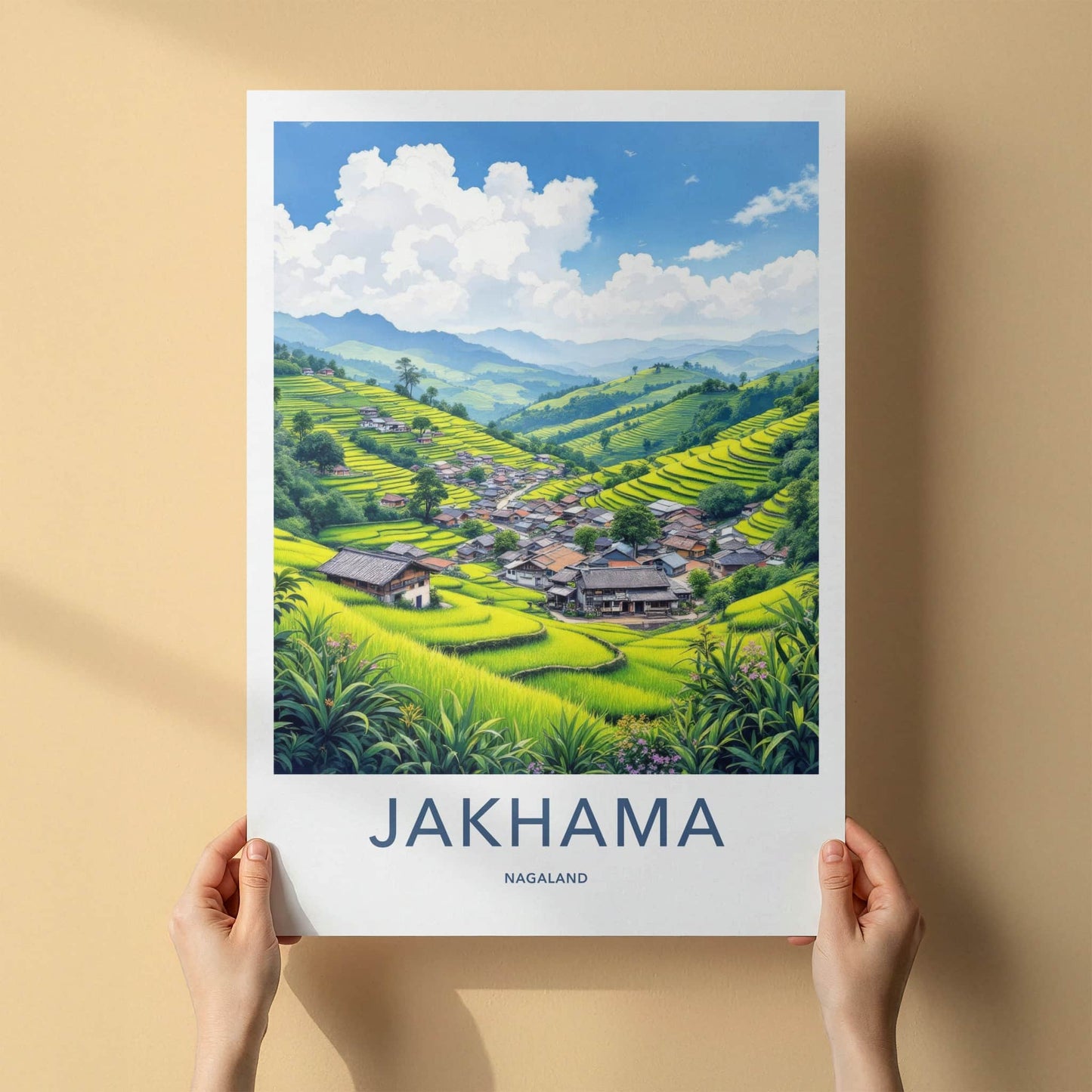 Jakhama Poster - India Travel Art - Nagaland Terraced Rice Village Home Decor