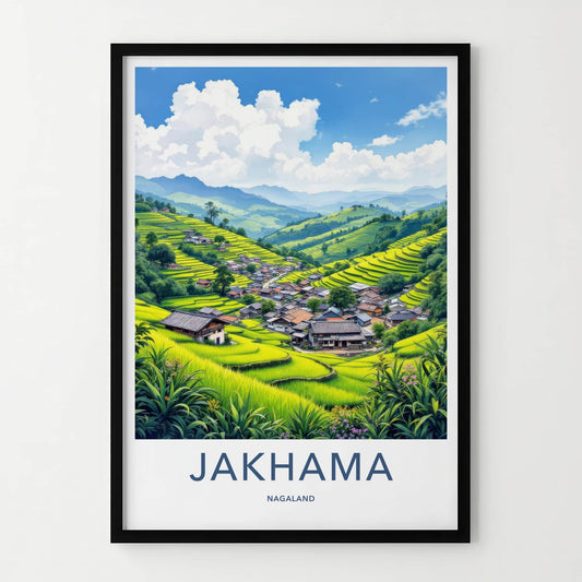 Jakhama Poster - India Travel Art - Nagaland Terraced Rice Village Home Decor