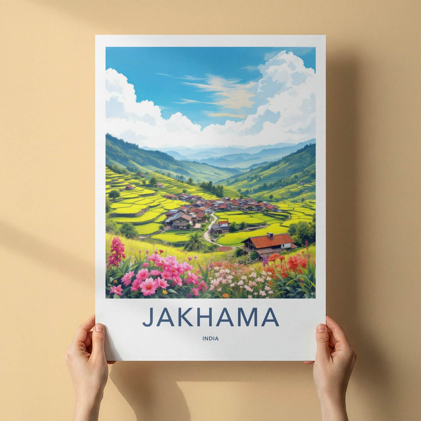 Jakhama Poster - India Travel Art - Nagaland Terraced Valley Village Home Decor