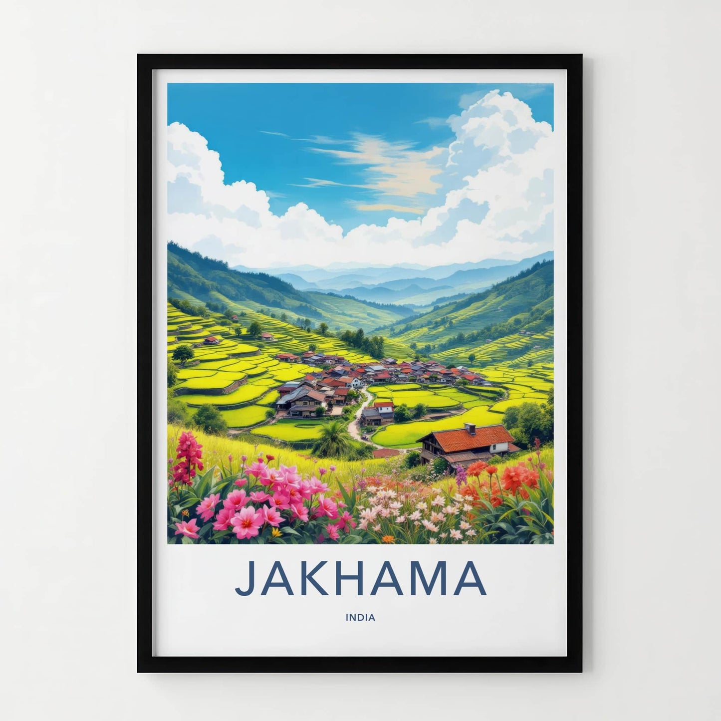 Jakhama Poster - India Travel Art - Nagaland Terraced Valley Village Home Decor
