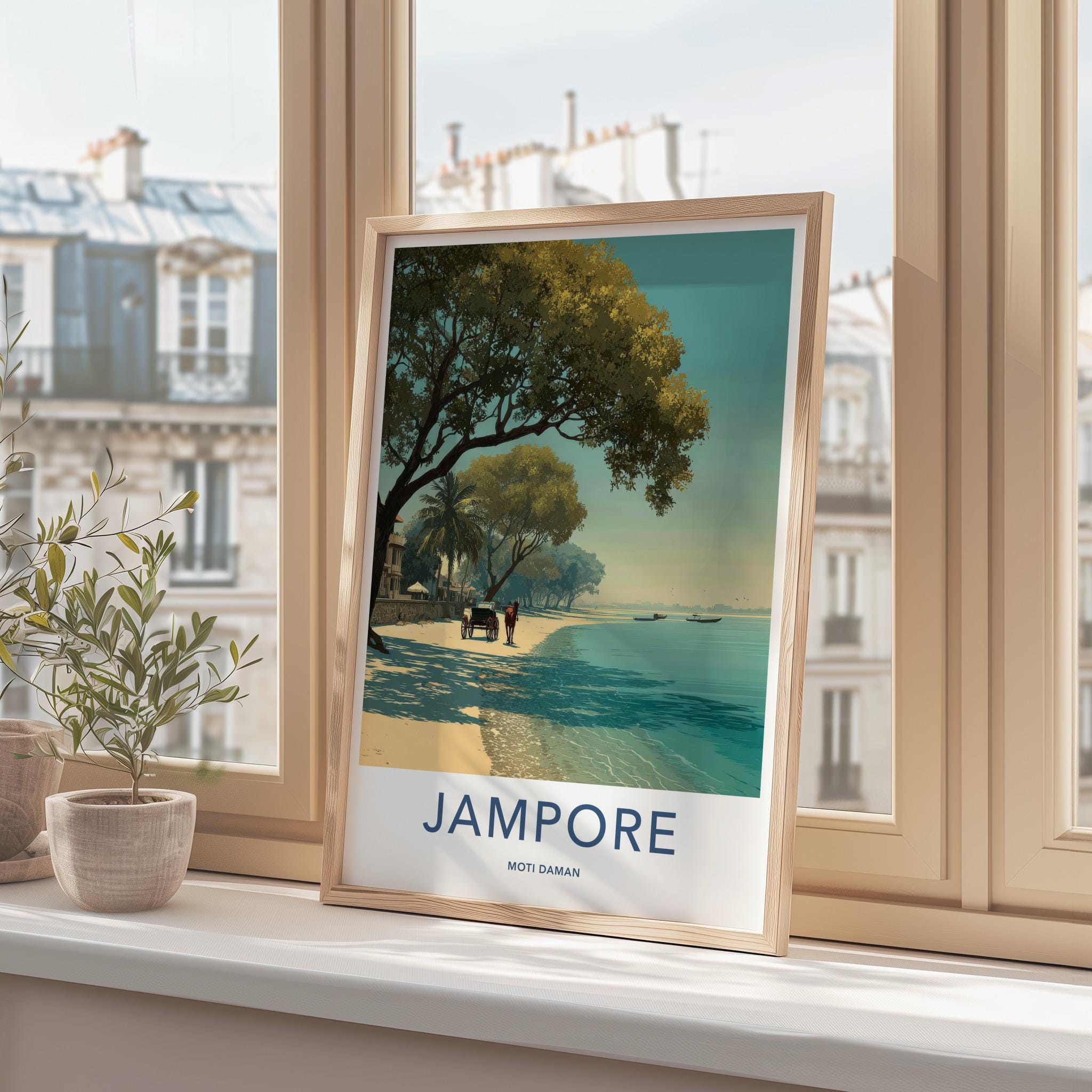 Jampore Poster - India Travel Art - Daman Horse Cart Beach Home Decor