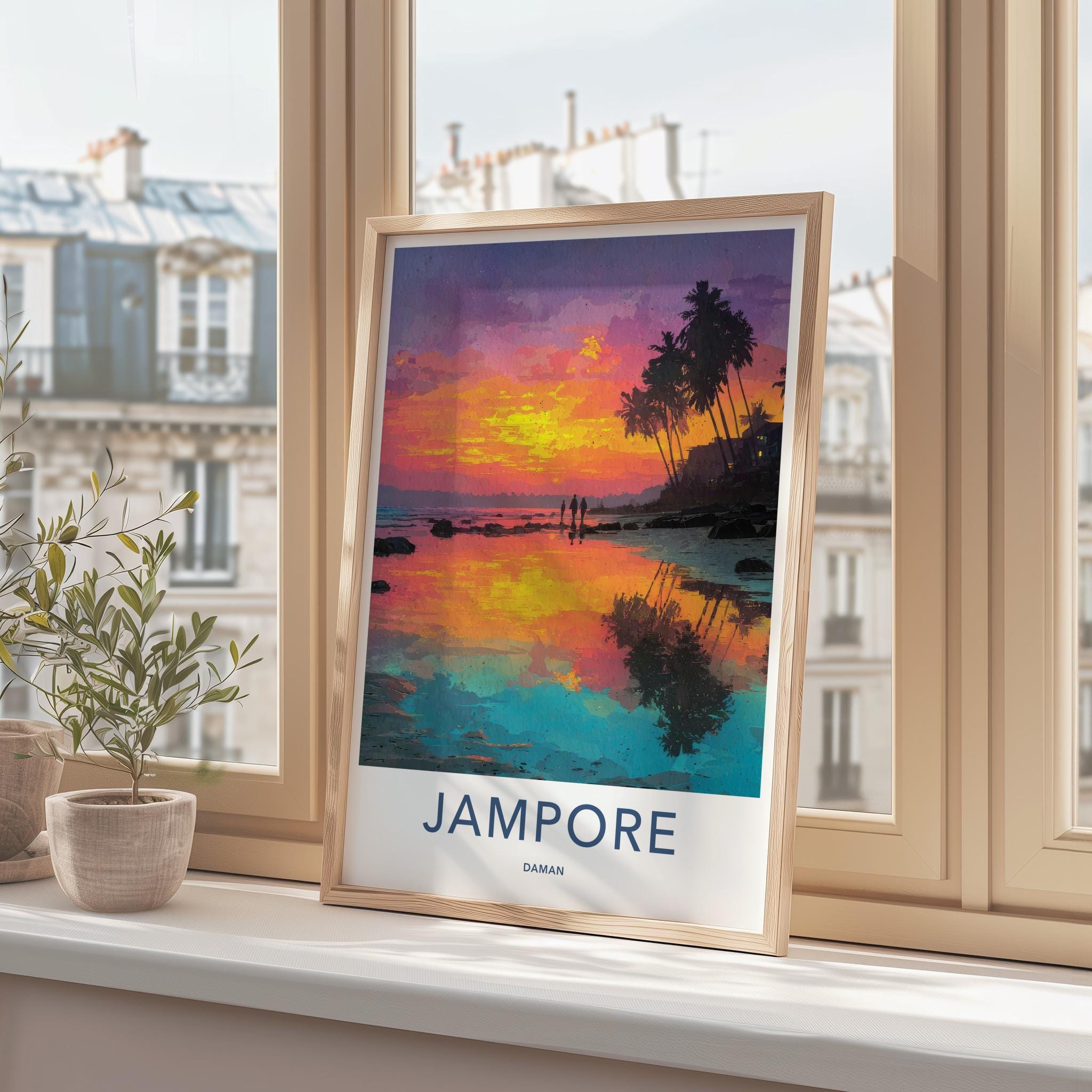 Jampore Poster - India Travel Art - Daman Tropical Sunset Beach Home Decor
