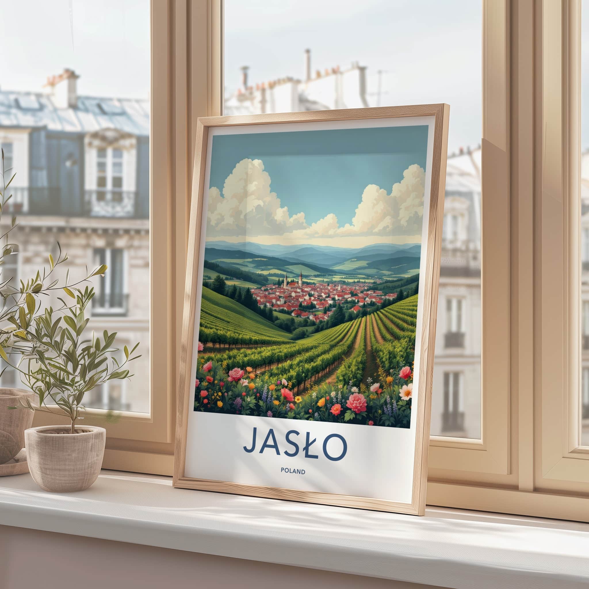 Jaslo Poster - Poland Travel Art - Flowering Vineyard Village Home Decor