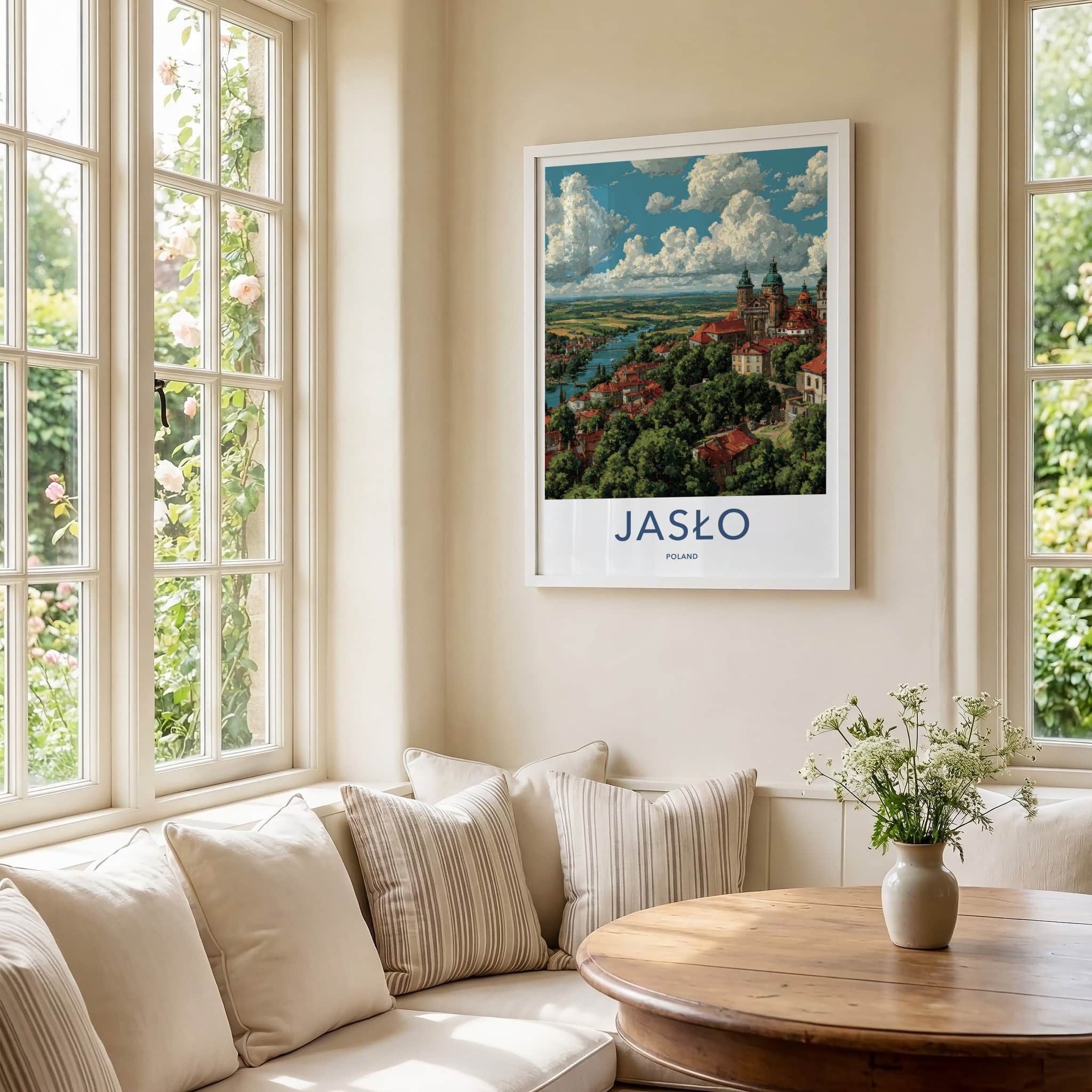 Jaslo Poster - Poland Travel Art - River Town Cathedral Home Decor