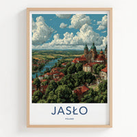 Jaslo Poster - Poland Travel Art - River Town Cathedral Home Decor