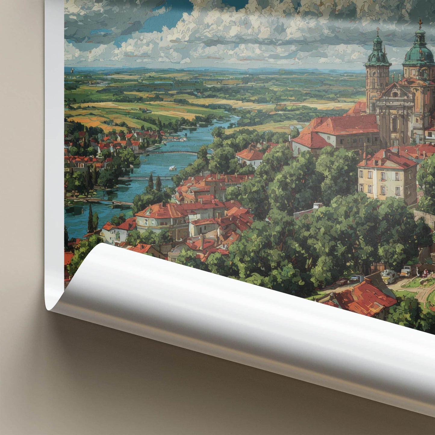 Jaslo Poster - Poland Travel Art - River Town Cathedral Home Decor