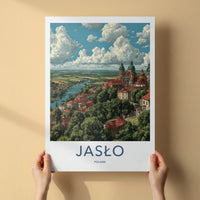 Jaslo Poster - Poland Travel Art - River Town Cathedral Home Decor