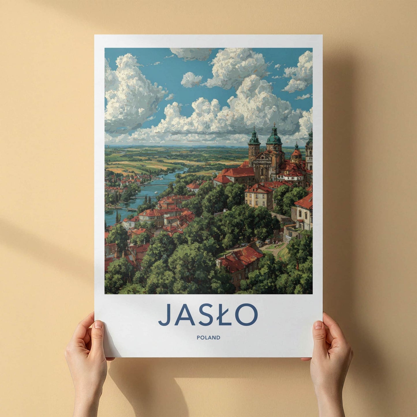 Jaslo Poster - Poland Travel Art - River Town Cathedral Home Decor
