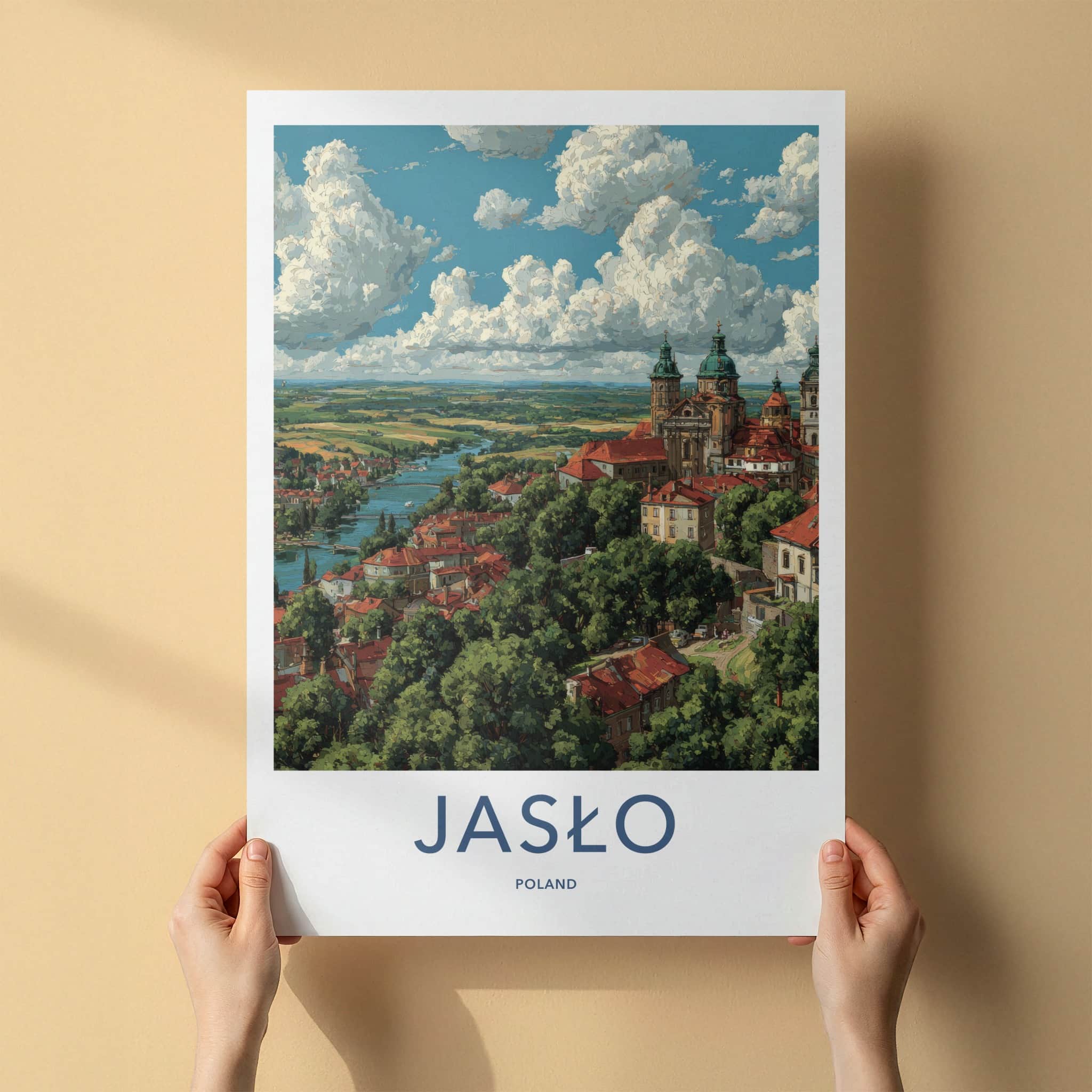 Jaslo Poster - Poland Travel Art - River Town Cathedral Home Decor