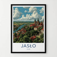 Jaslo Poster - Poland Travel Art - River Town Cathedral Home Decor