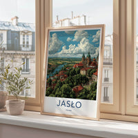 Jaslo Poster - Poland Travel Art - River Town Cathedral Home Decor