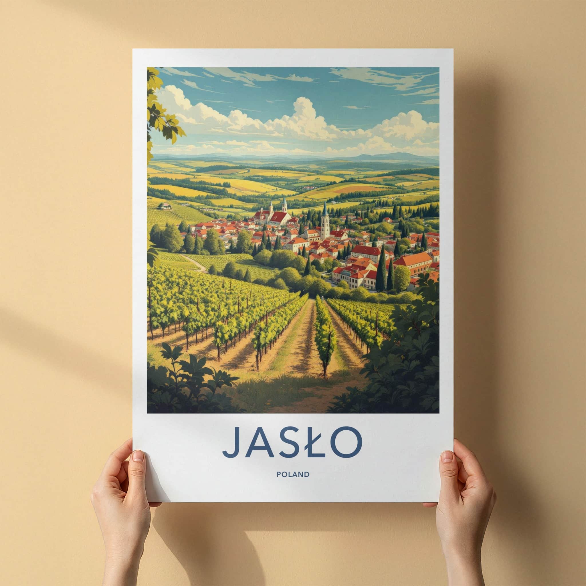 Jaslo Poster - Poland Travel Art - Vineyard village landscape Home Decor