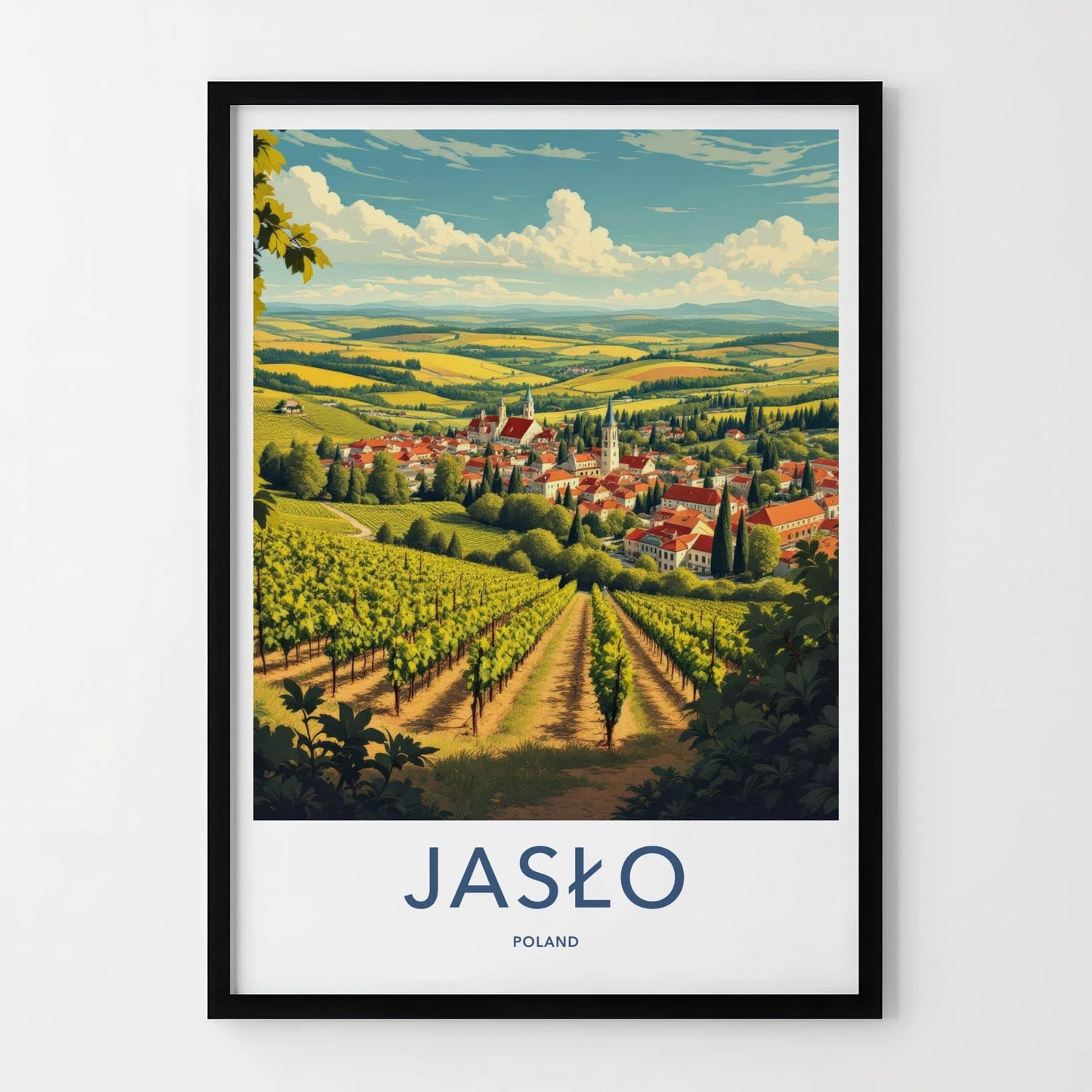 Jaslo Poster - Poland Travel Art - Vineyard village landscape Home Decor