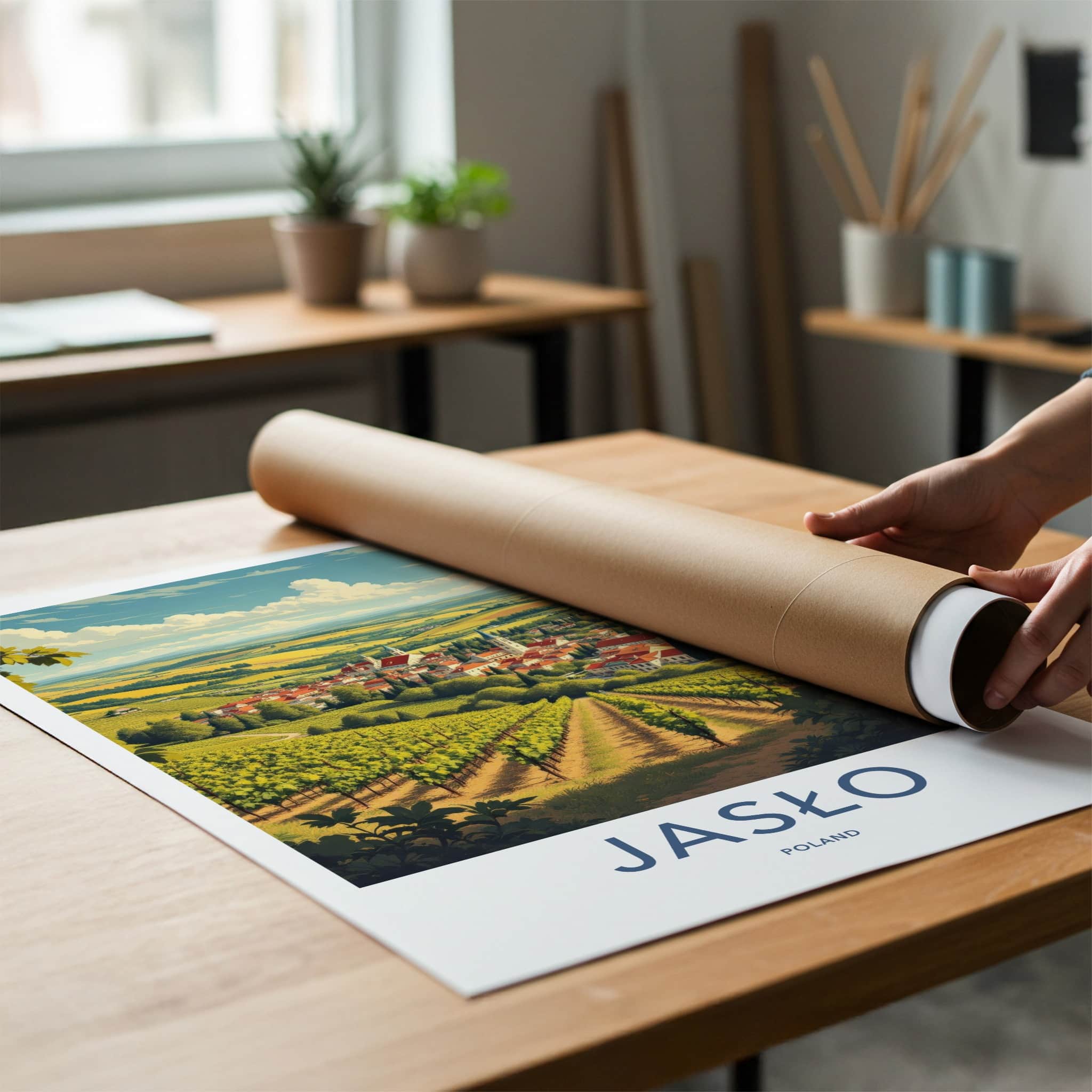 Jaslo Poster - Poland Travel Art - Vineyard village landscape Home Decor
