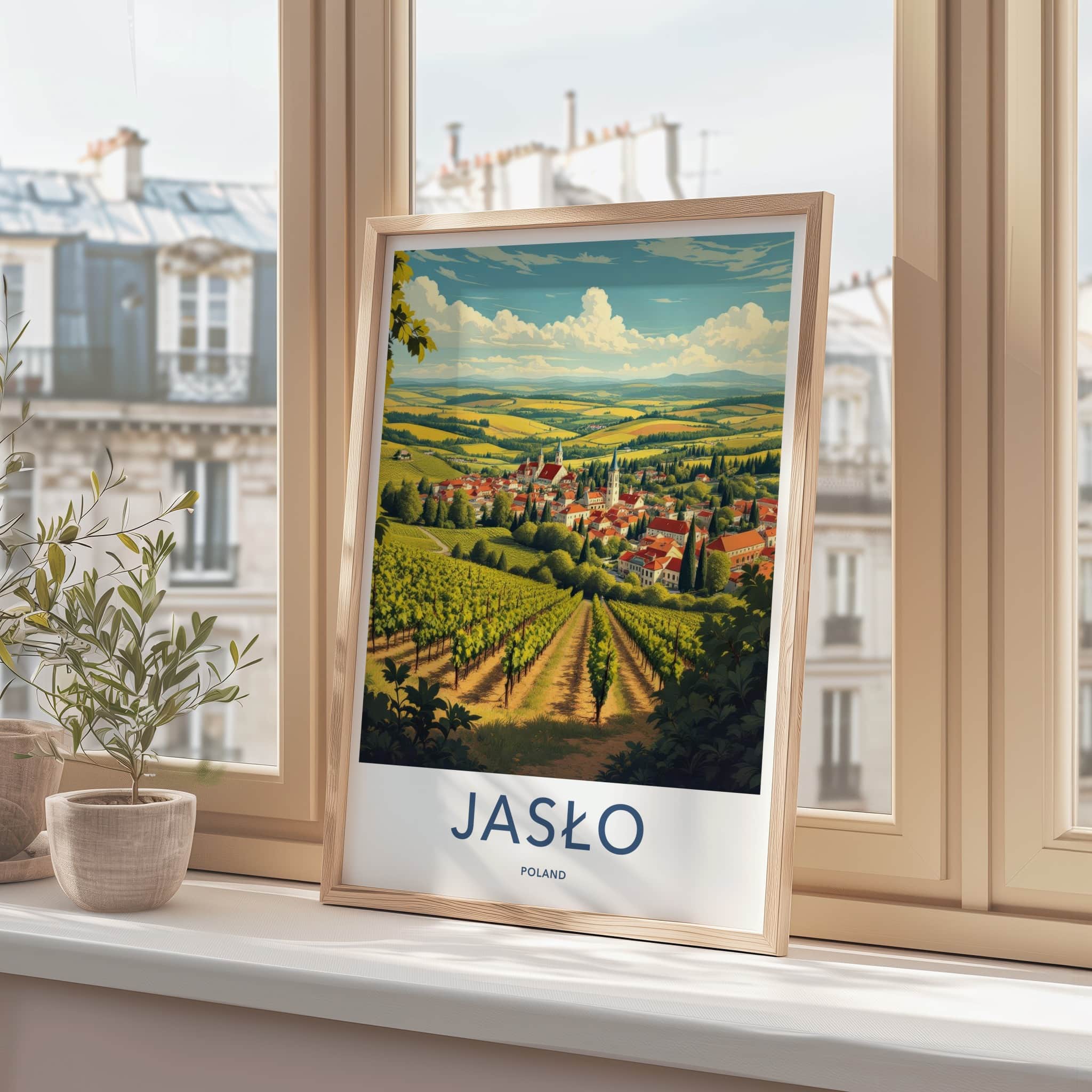 Jaslo Poster - Poland Travel Art - Vineyard village landscape Home Decor